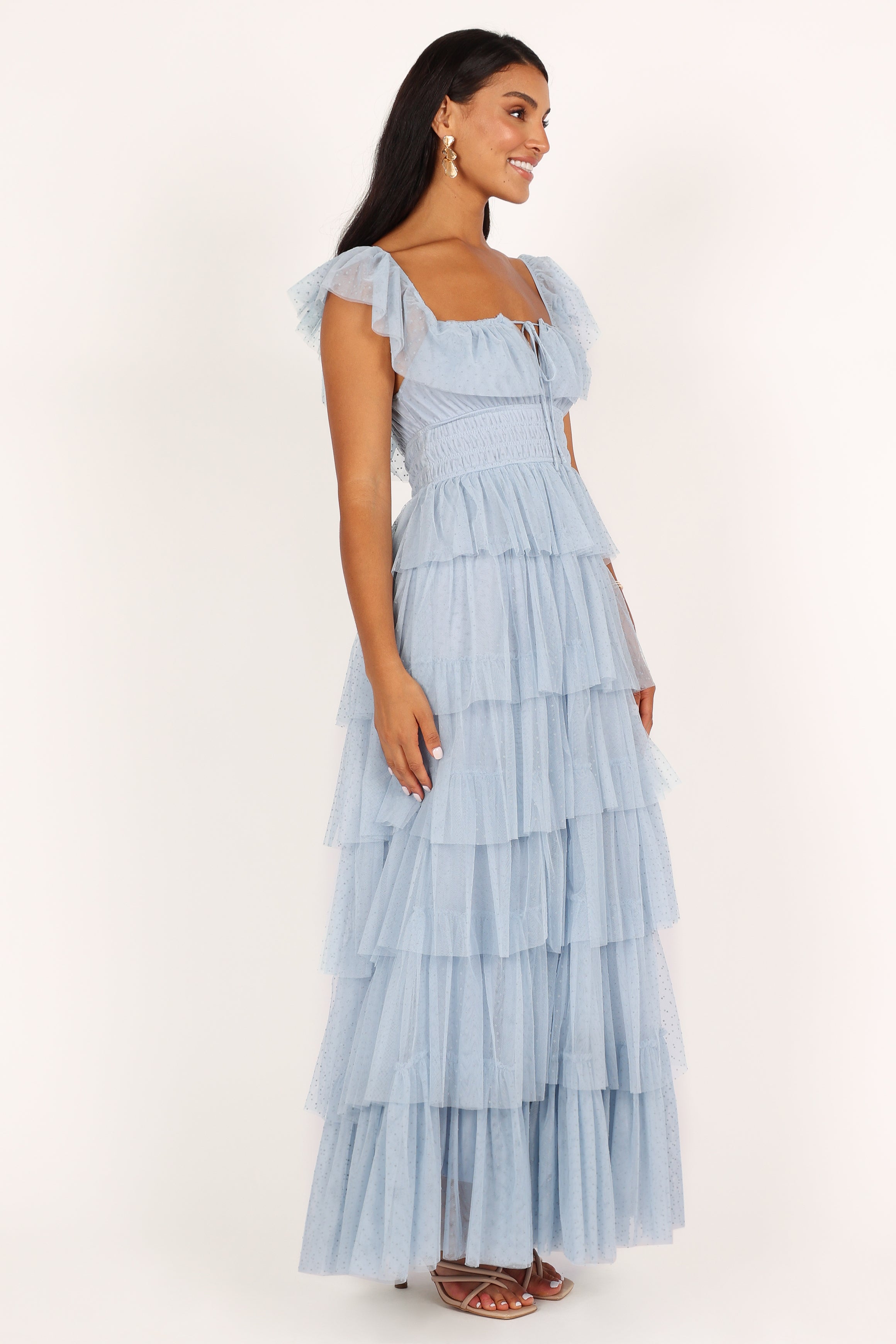 Blue Tulle Maxi Dress with Square Neckline & Ruffle Detail