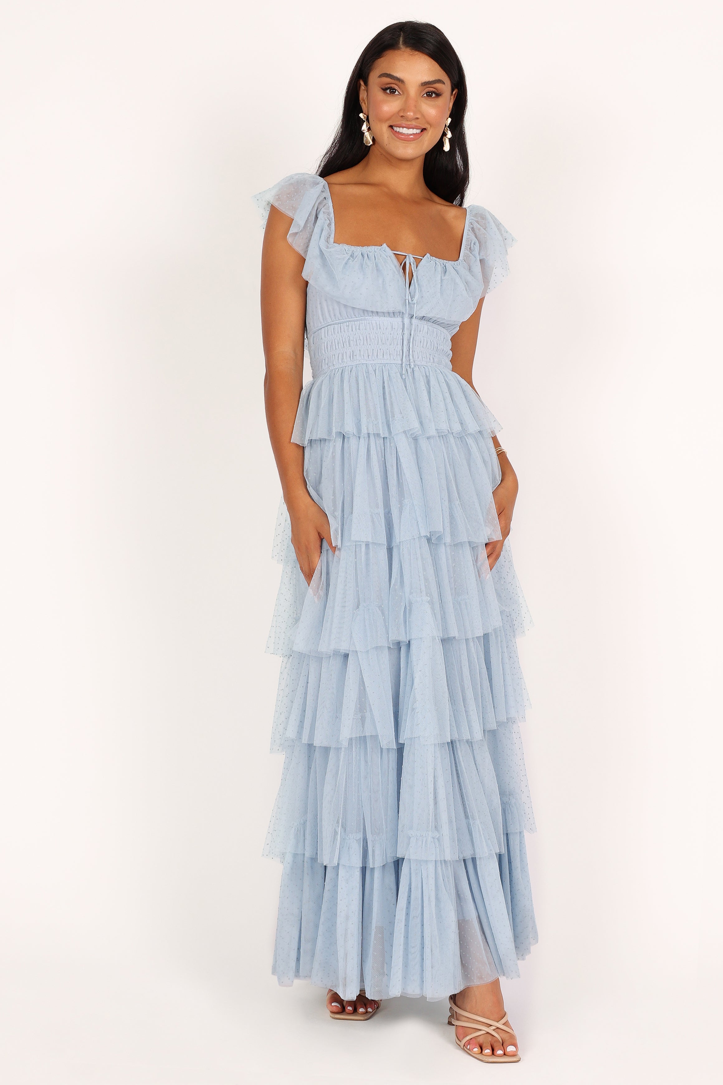 Blue Tulle Maxi Dress with Square Neckline & Ruffle Detail