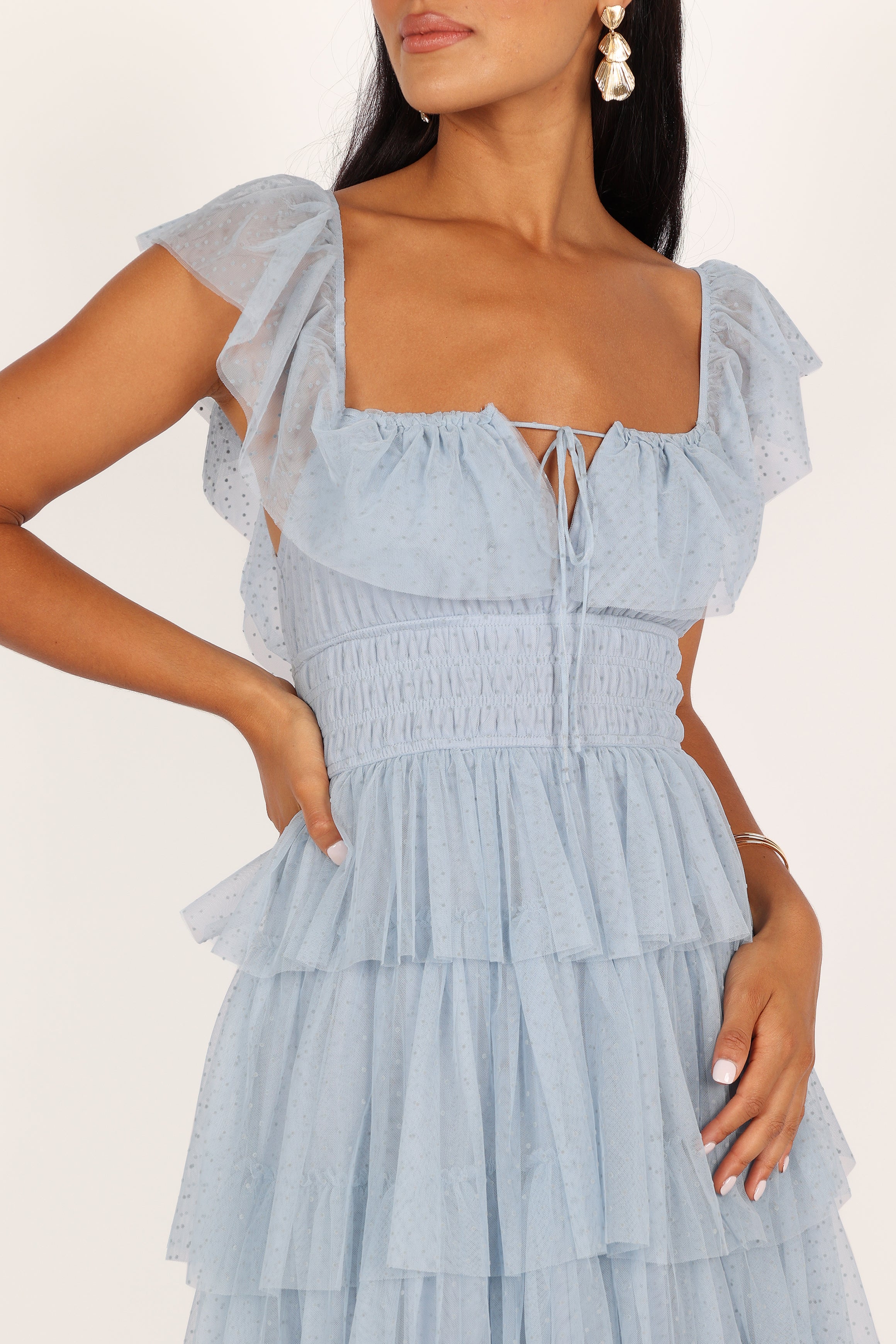 Blue Tulle Maxi Dress with Square Neckline & Ruffle Detail