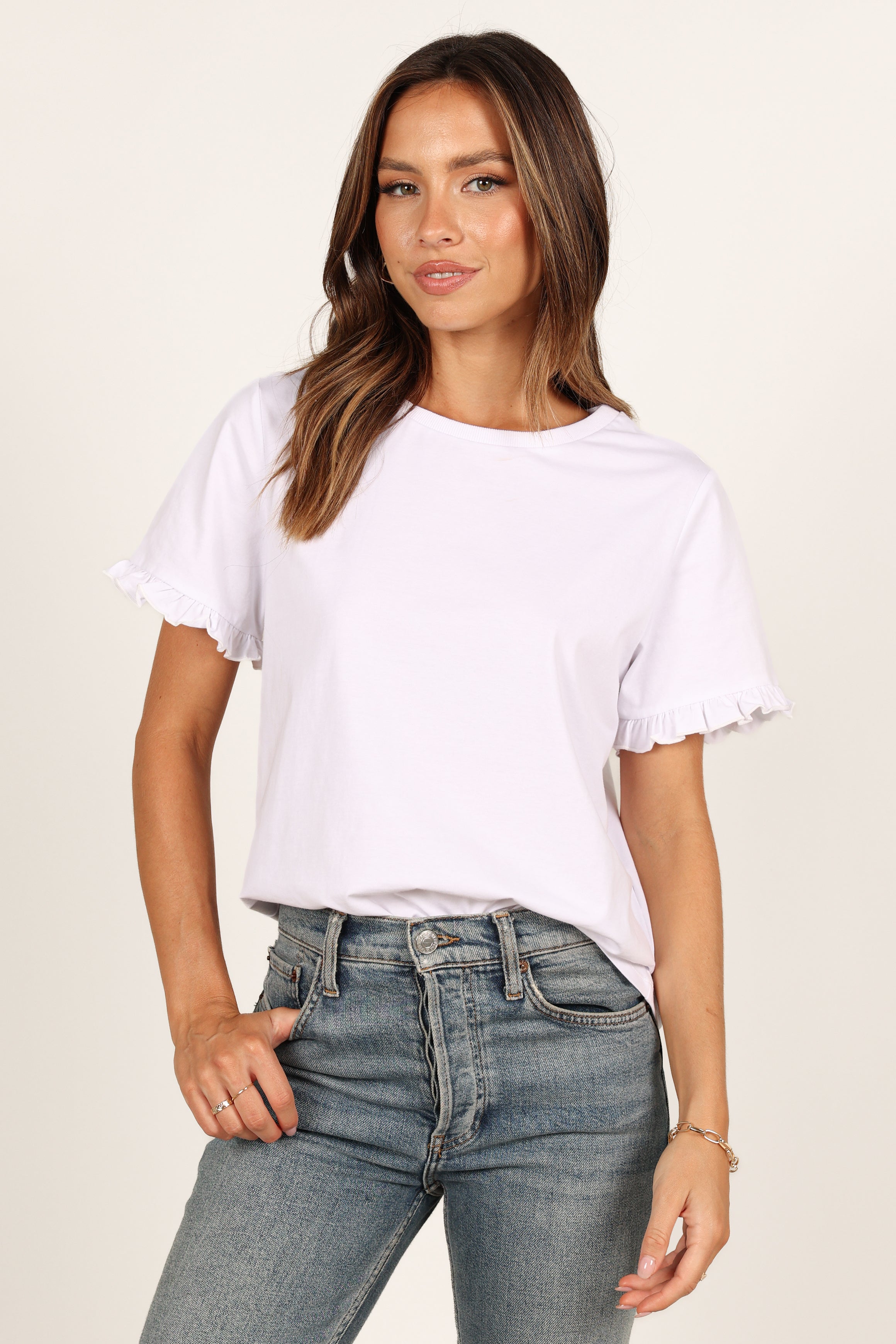 Women's White Milo Scoop Neck T-Shirt with Frill Hem - Relaxed Fit Cotton Tee