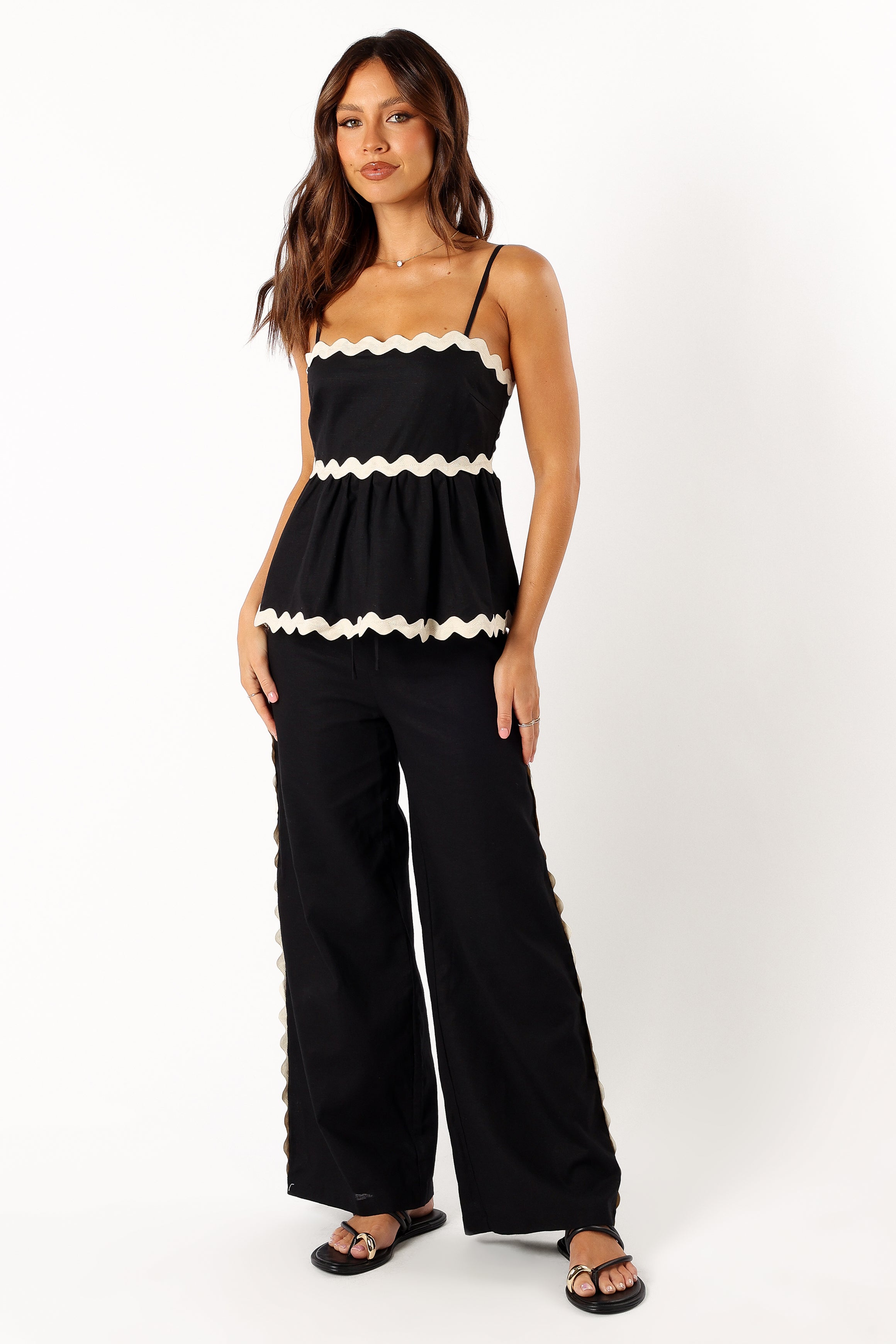 Women's High Waisted Cotton Wide Leg Pants - Mollymook Black Cream
