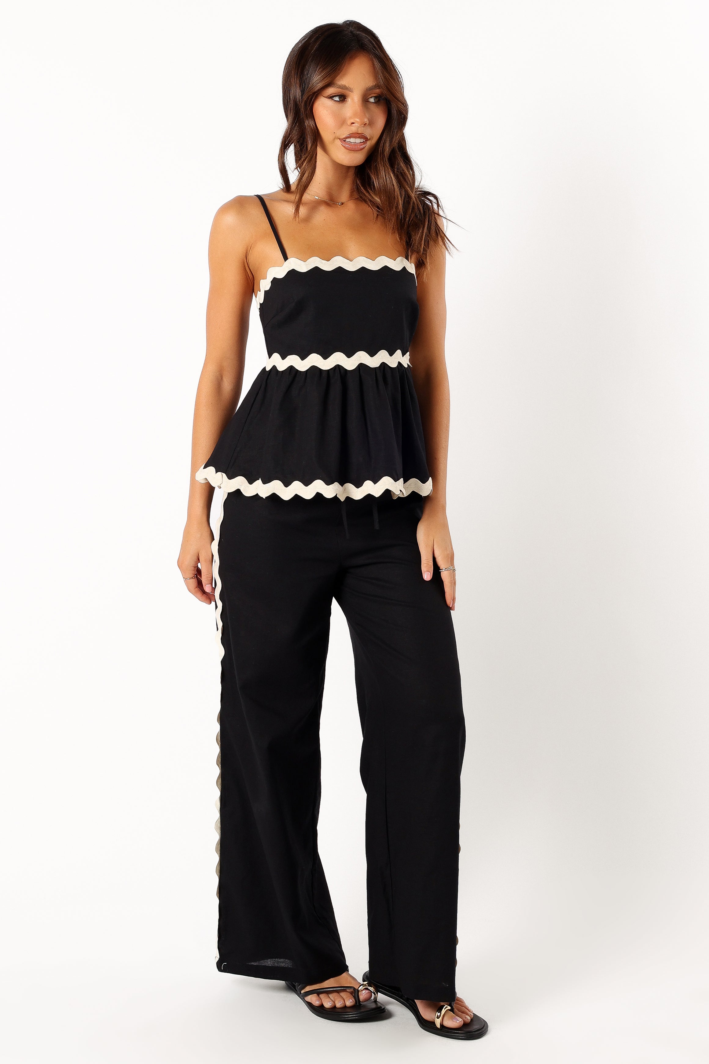 Women's High Waisted Cotton Wide Leg Pants - Mollymook Black Cream
