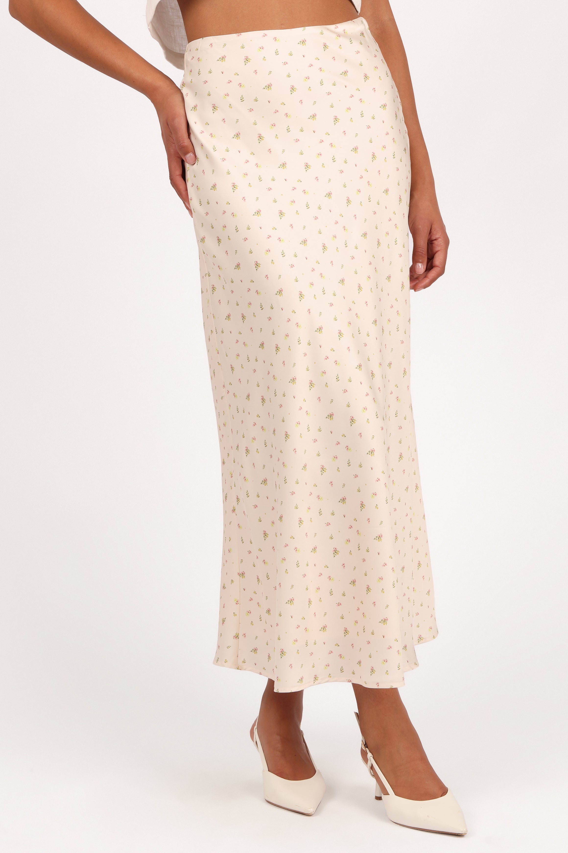 Floral Satin Midi Skirt with Elastic Waist - Mei Tiny Blooms