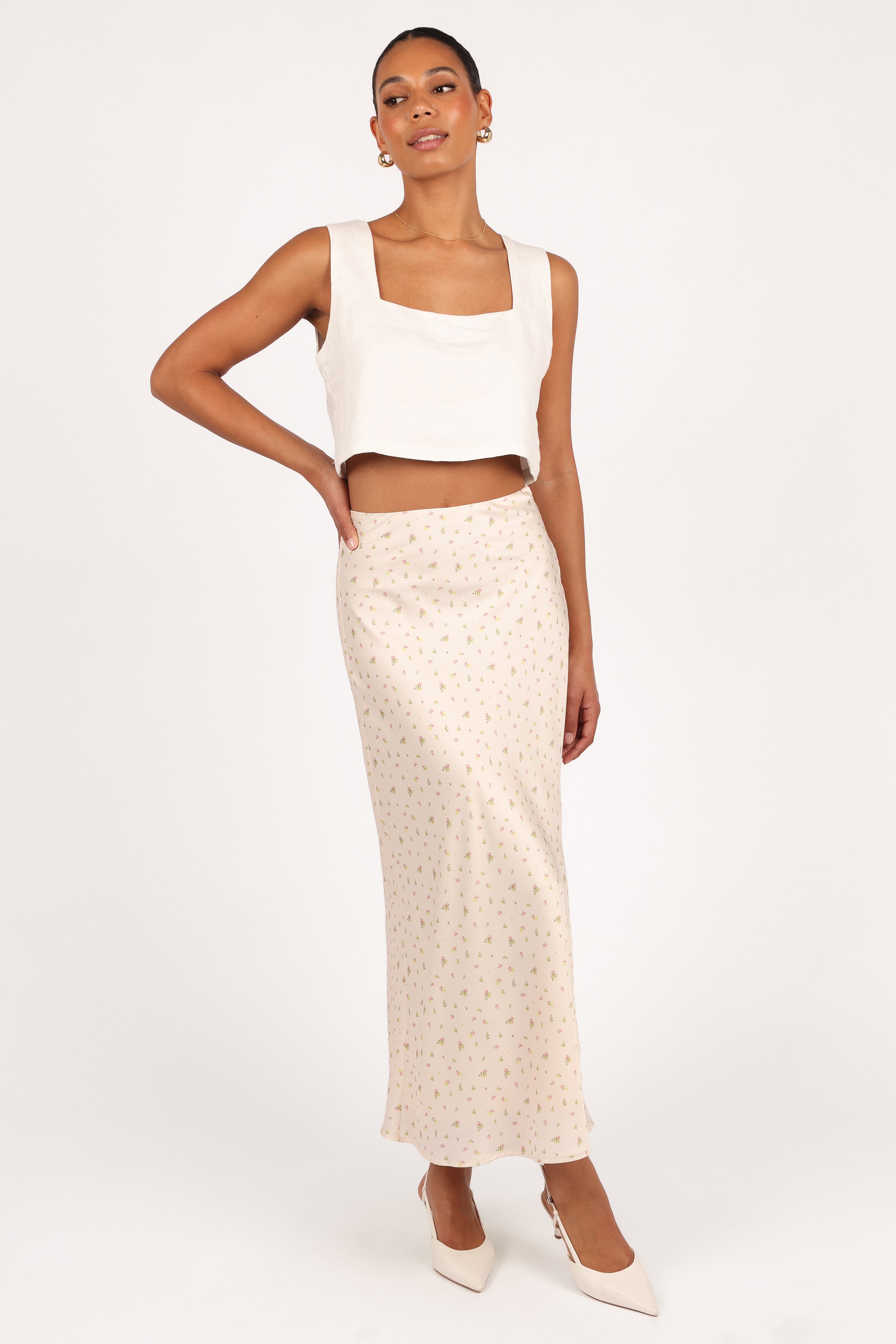 Floral Satin Midi Skirt with Elastic Waist - Mei Tiny Blooms