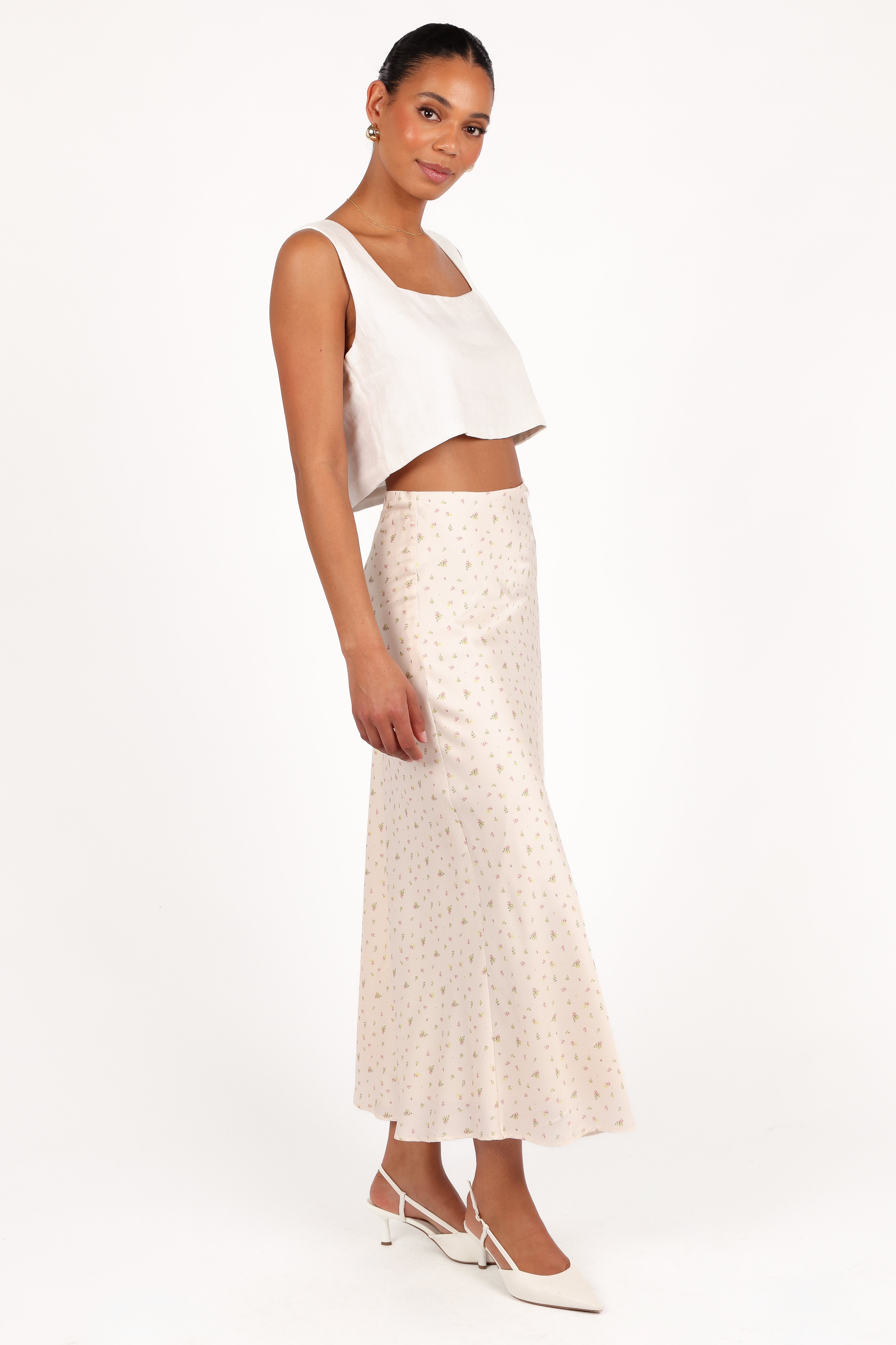 Floral Satin Midi Skirt with Elastic Waist - Mei Tiny Blooms