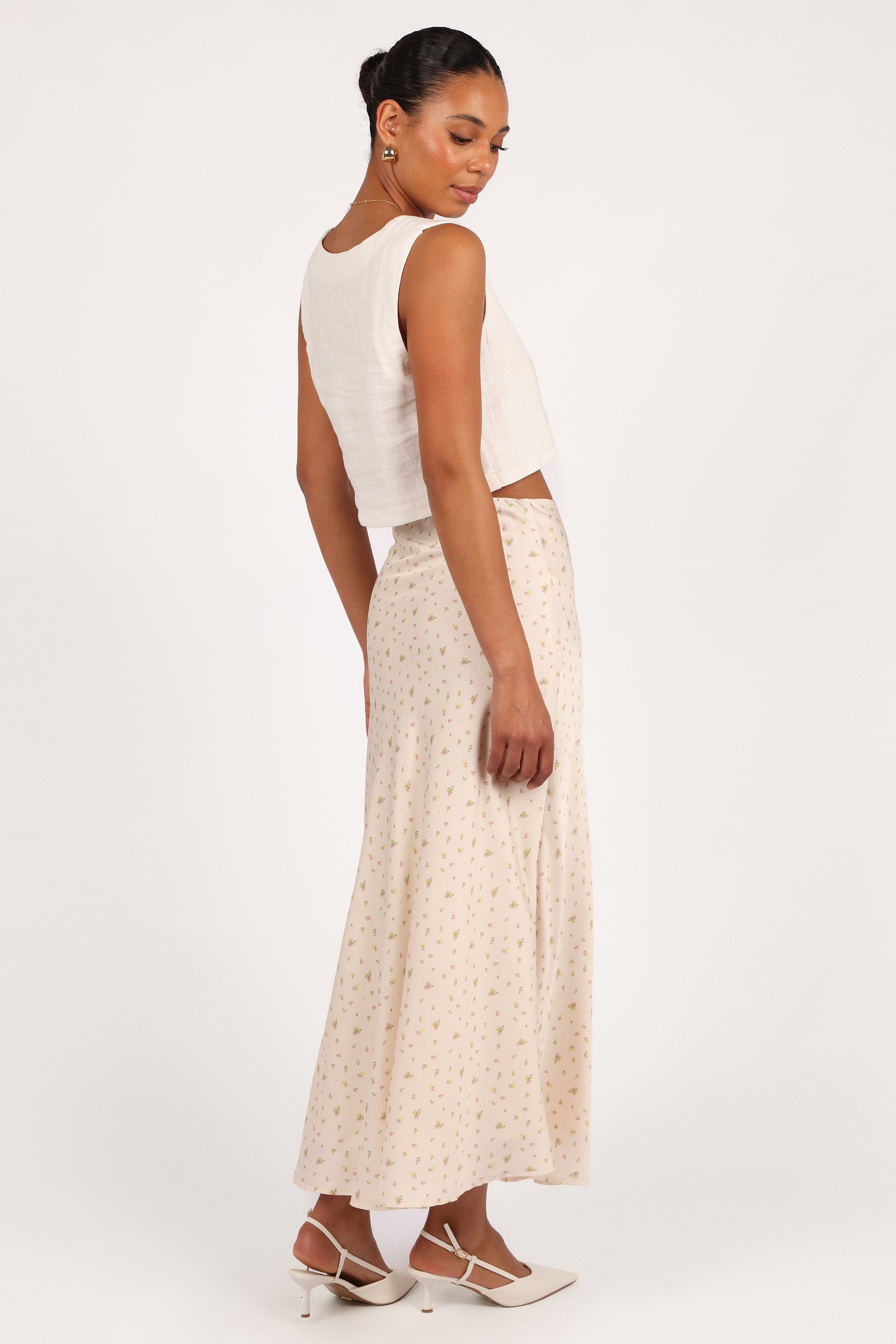 Floral Satin Midi Skirt with Elastic Waist - Mei Tiny Blooms