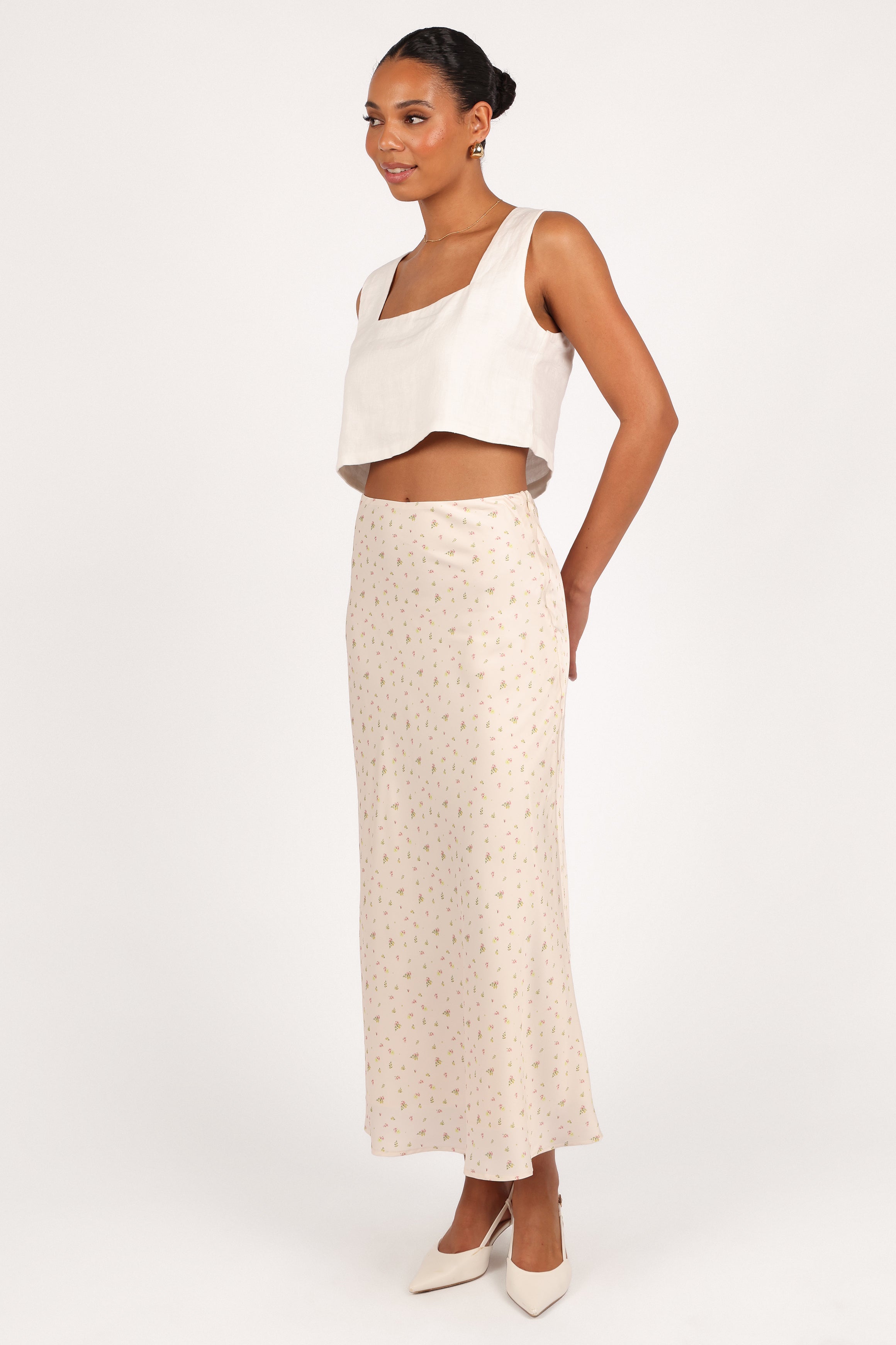 Floral Satin Midi Skirt with Elastic Waist - Mei Tiny Blooms