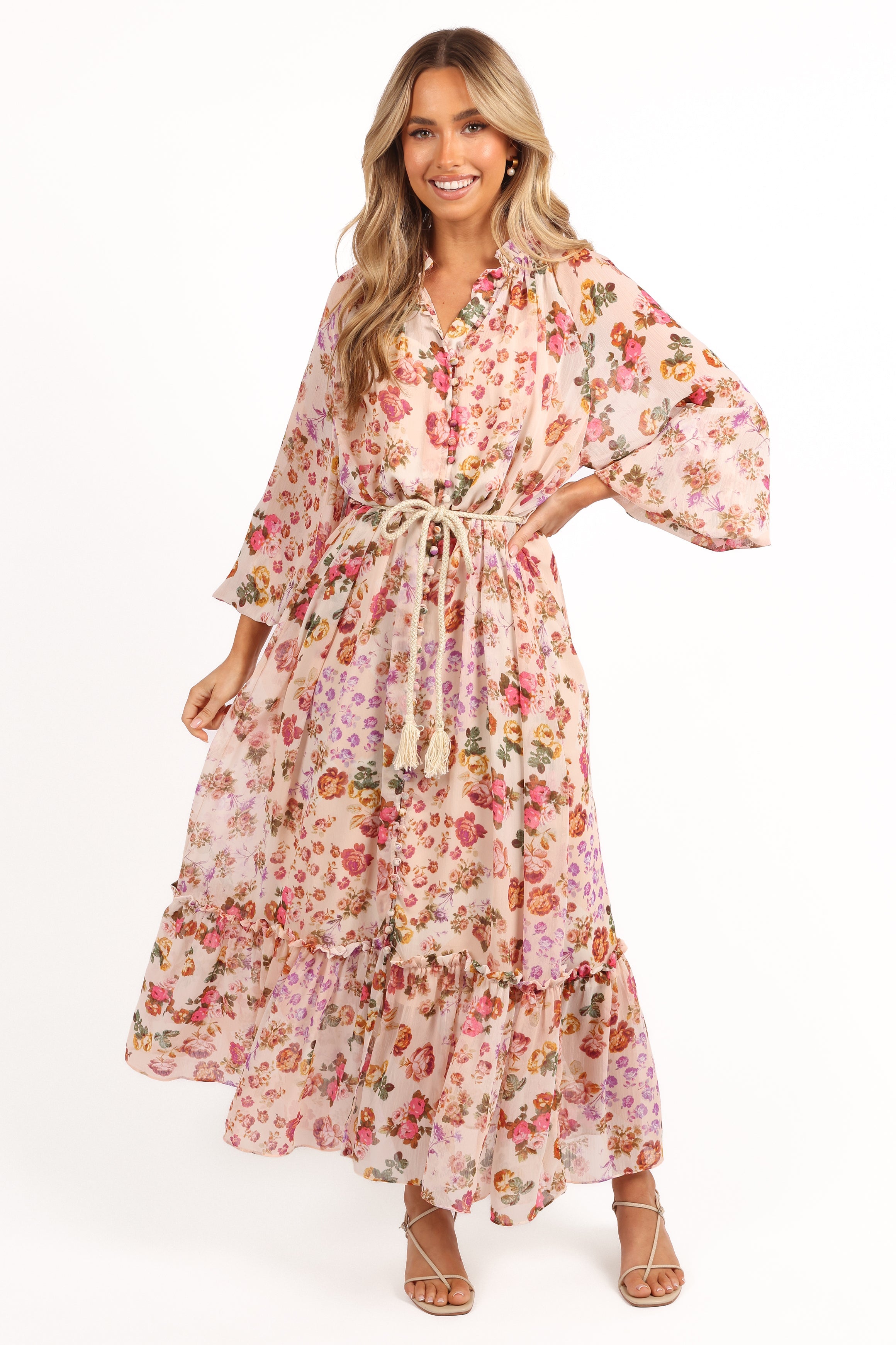 Floral Print Long Sleeve Midi Dress with Detachable Waist Tie - Blush
