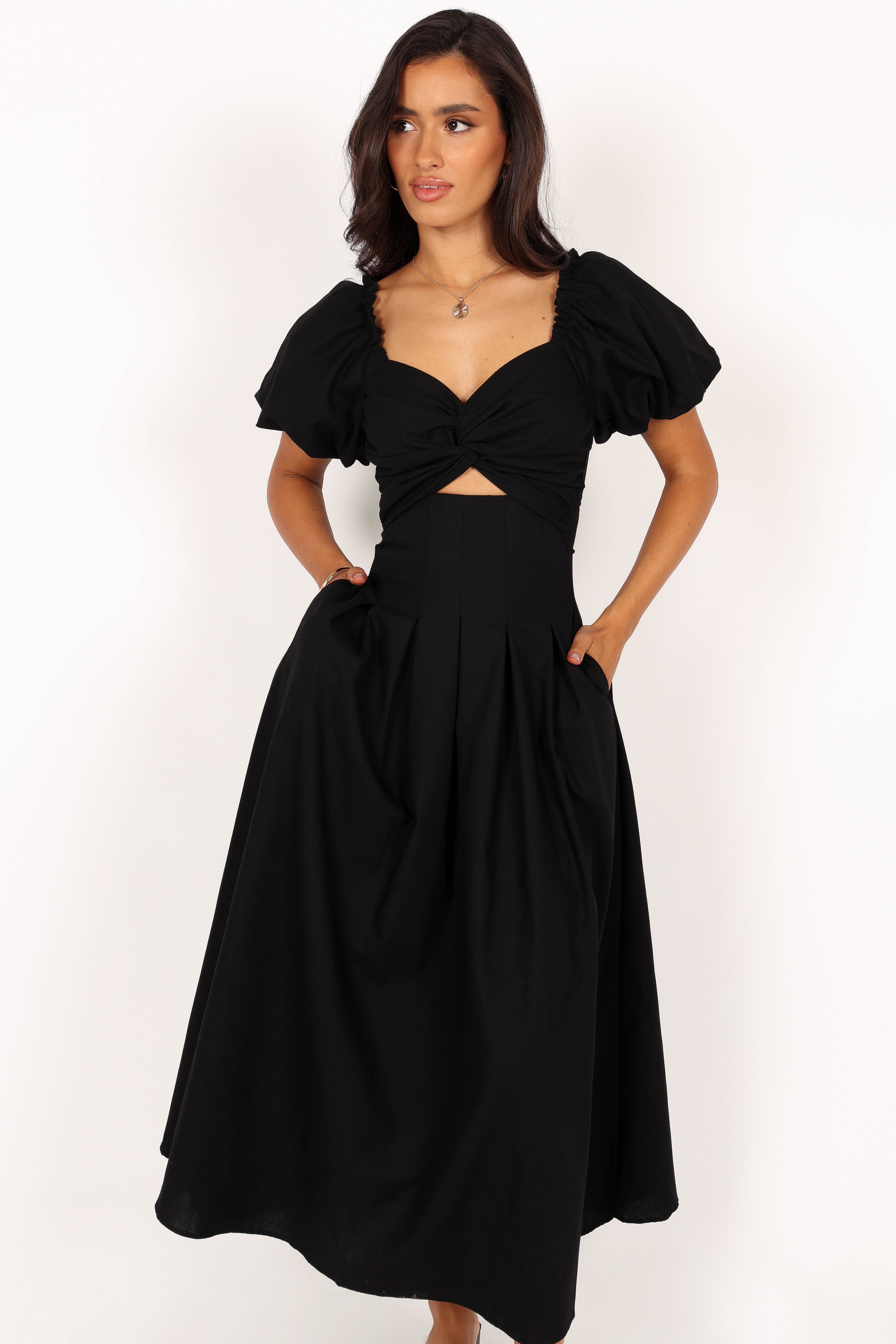 Black Puff Sleeve Midi Dress with Sweetheart Neckline - Maria