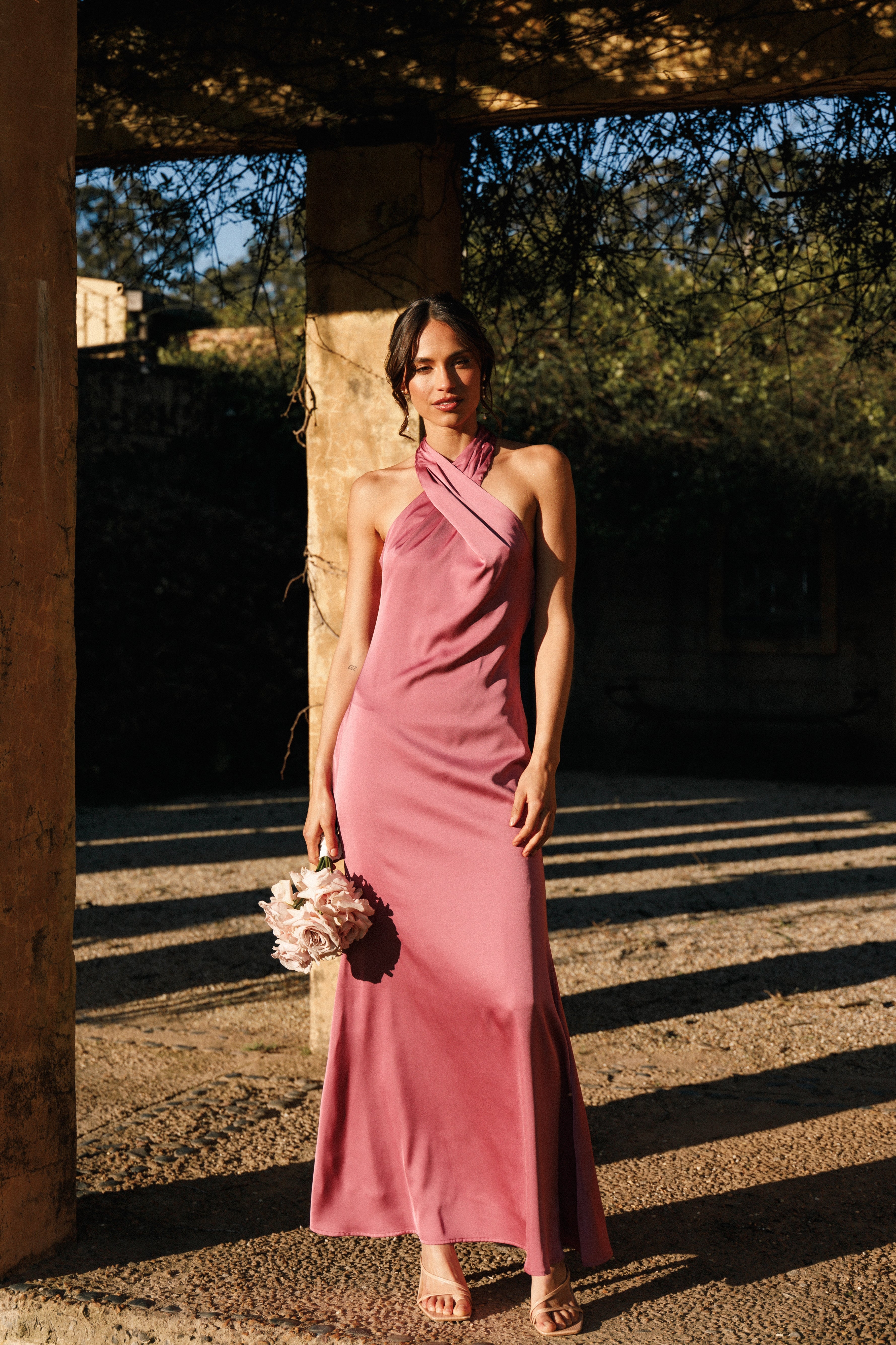 Mila Satin Halter Neck Maxi Dress in Dark Rose