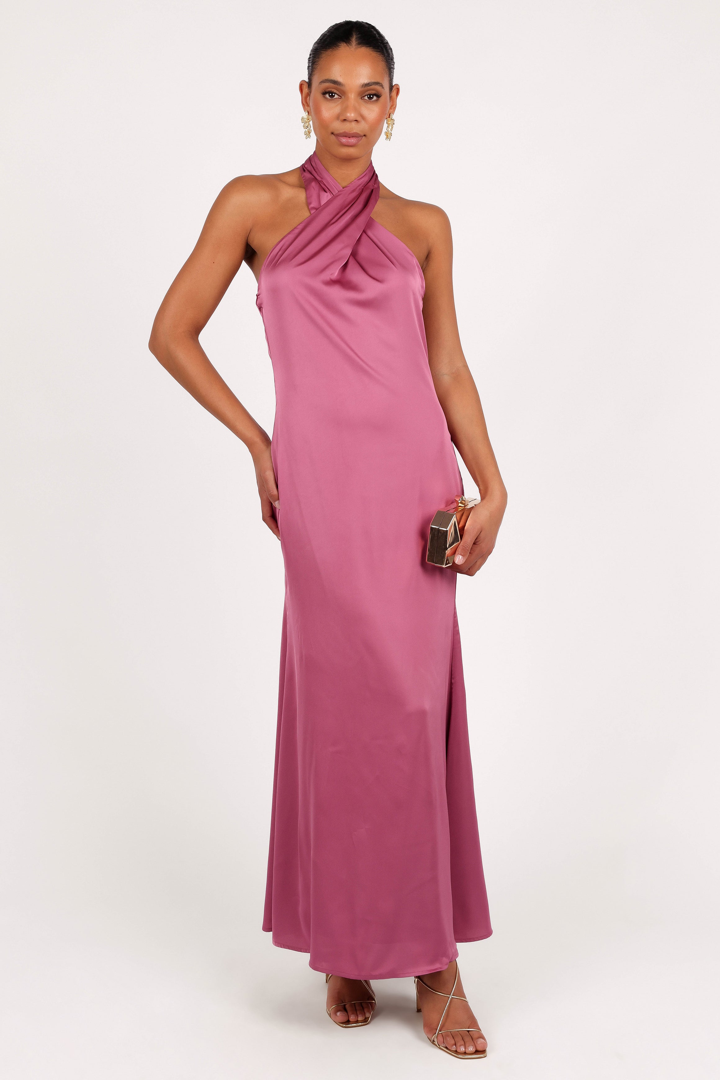 Mila Satin Halter Neck Maxi Dress in Dark Rose