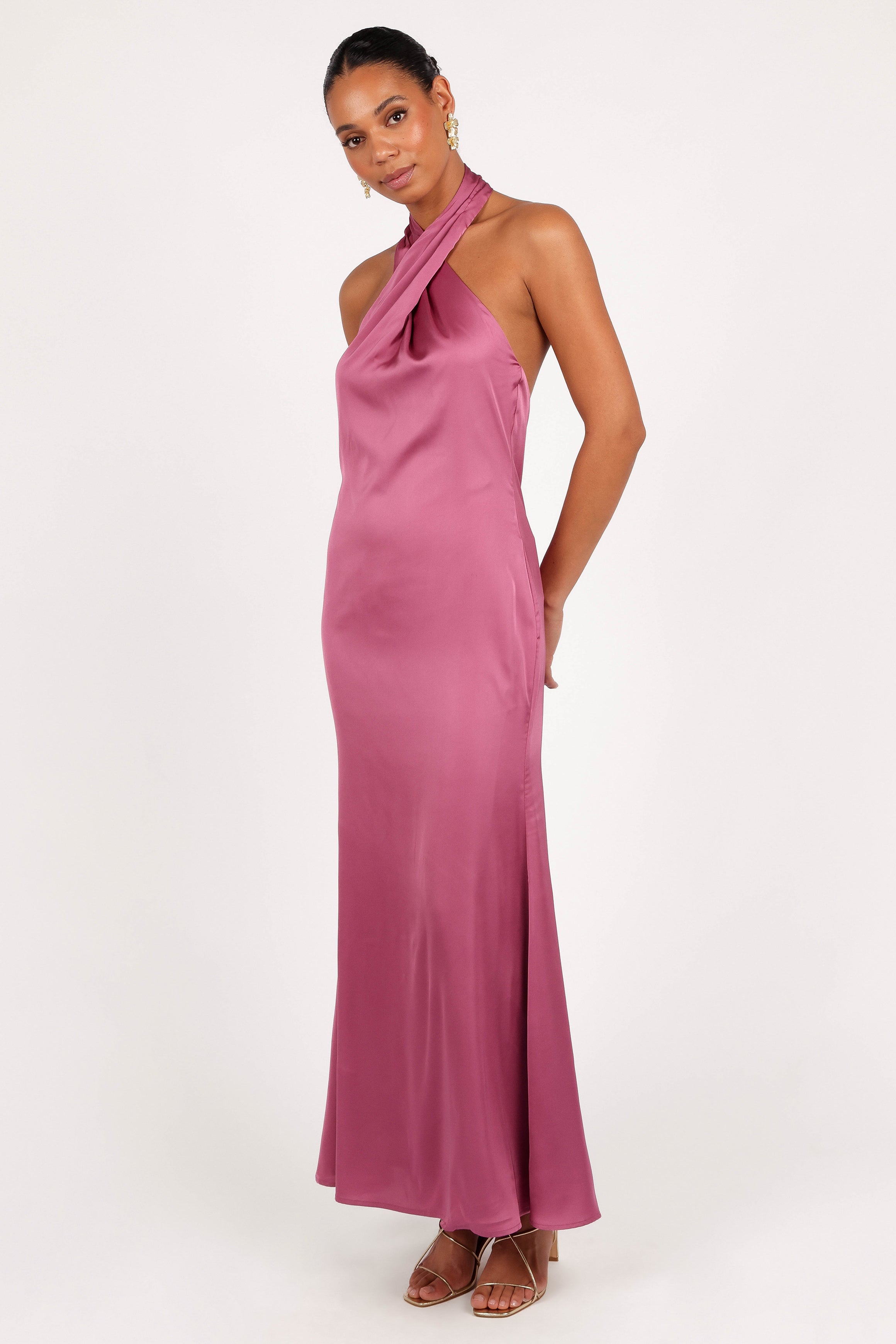 Mila Satin Halter Neck Maxi Dress in Dark Rose
