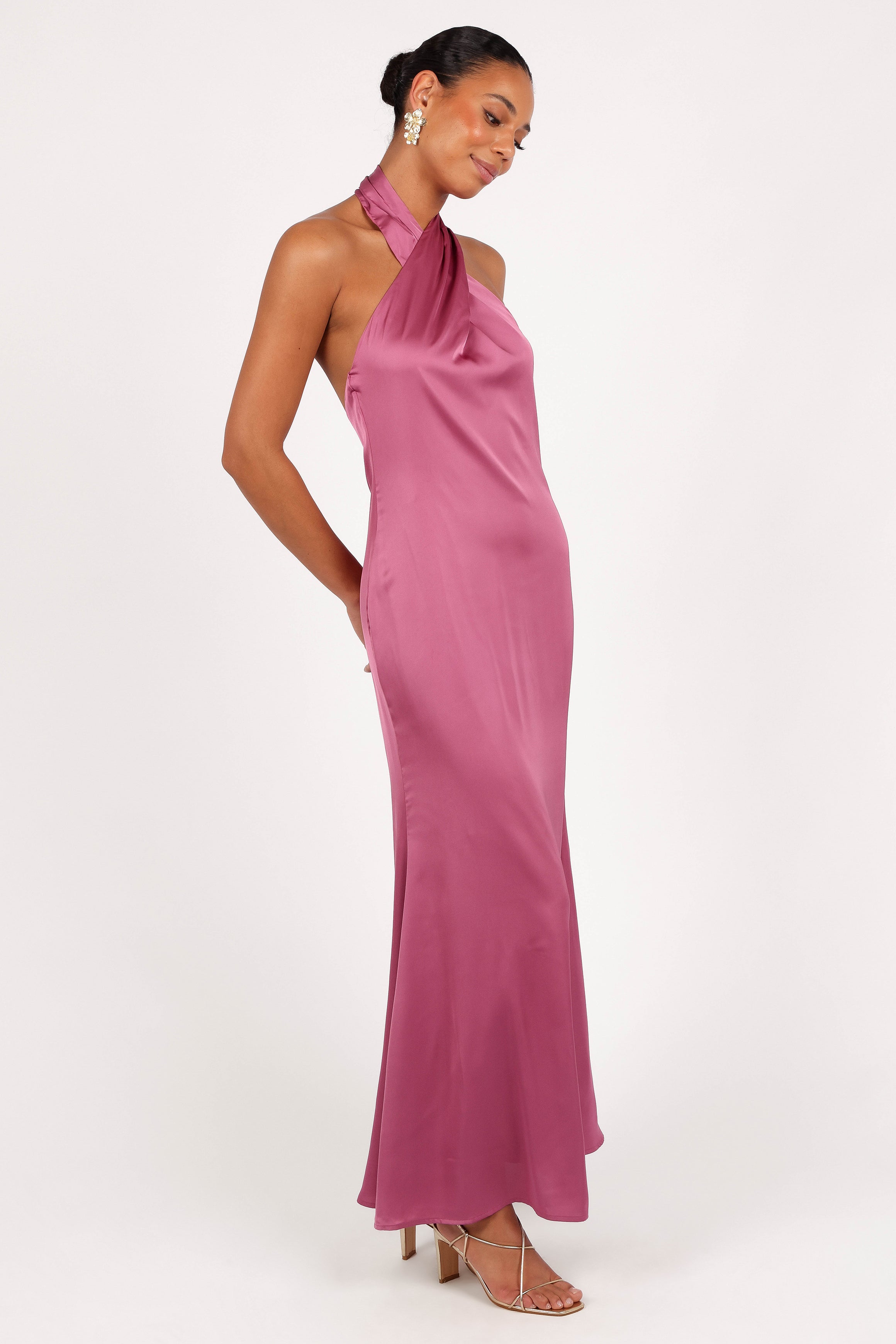 Mila Satin Halter Neck Maxi Dress in Dark Rose