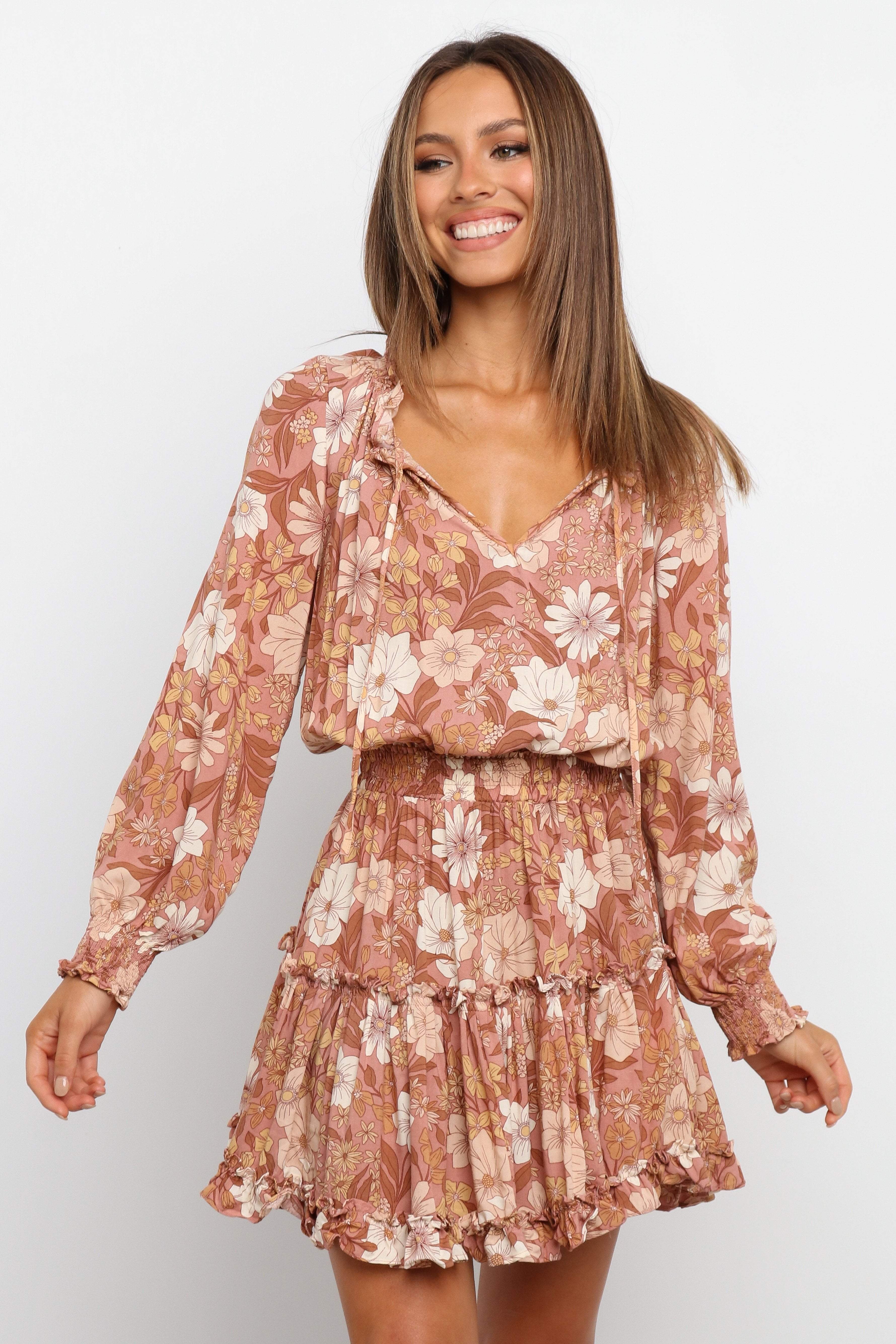 Brown Kealan Mini Dress with Ruffle Neckline & Tiered Hem