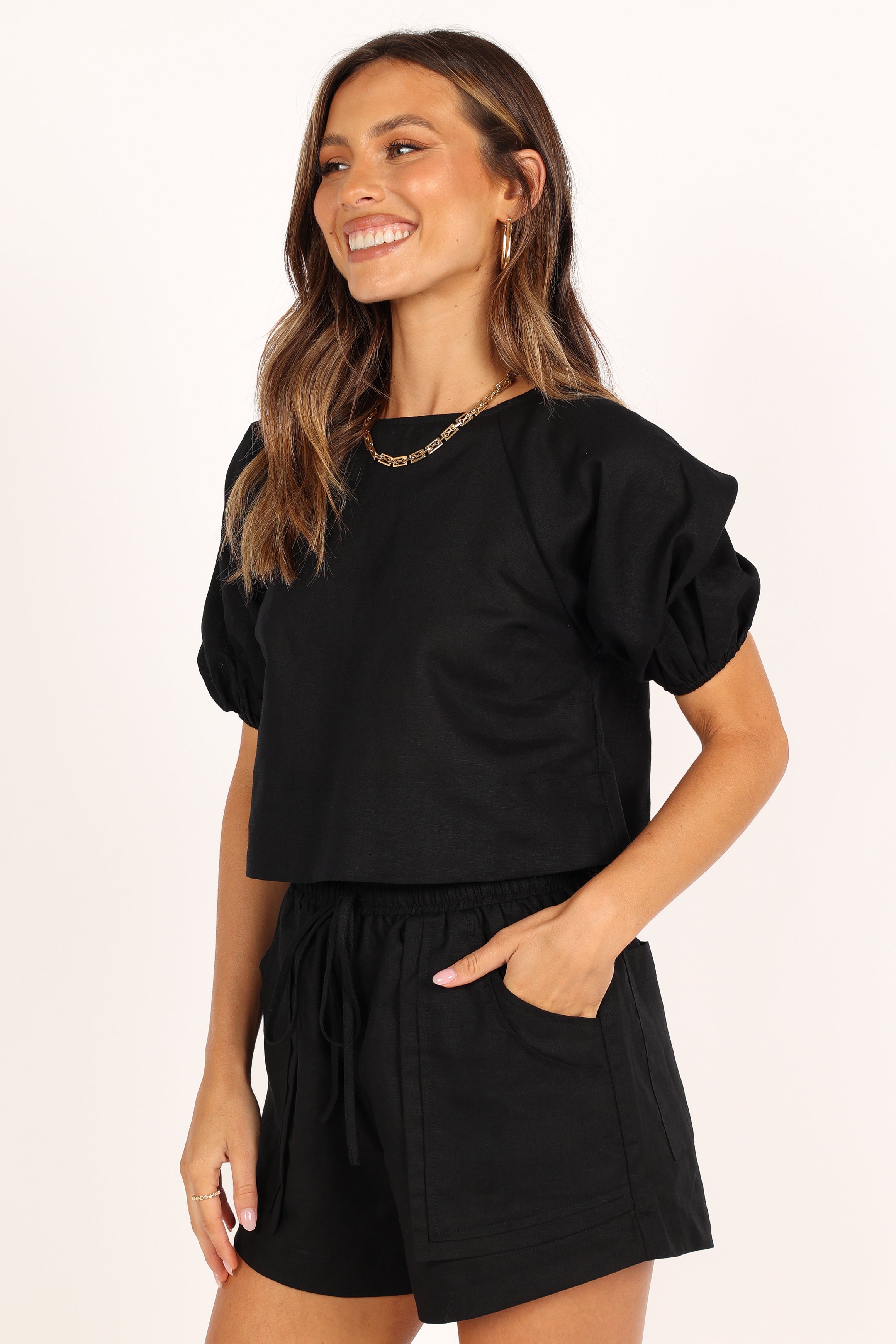 Women's Black Linen Shorts & Top Set - Chelsey Relaxed Fit