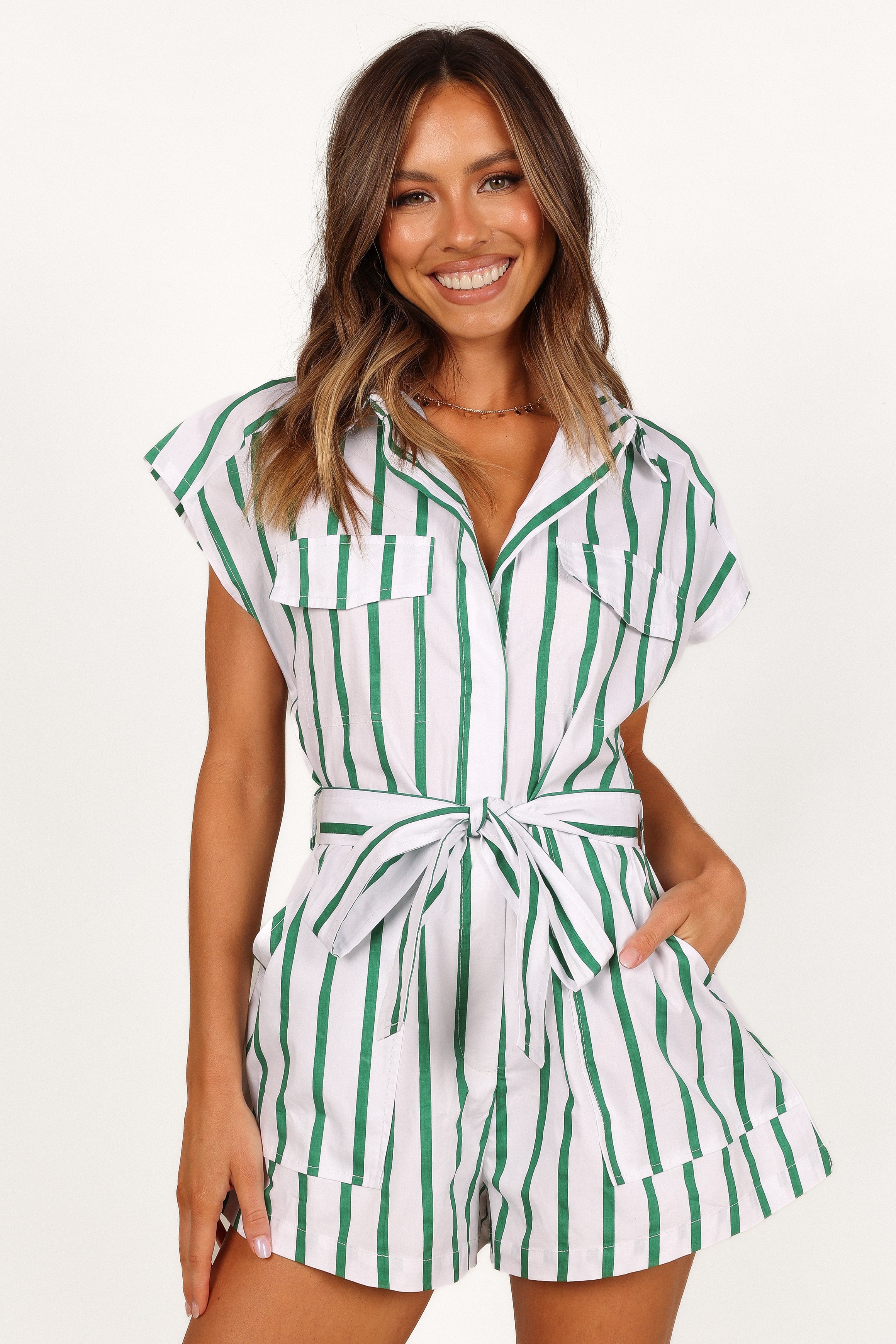 Women's Cotton Tie Waist Romper - White & Green Collared Playsuit