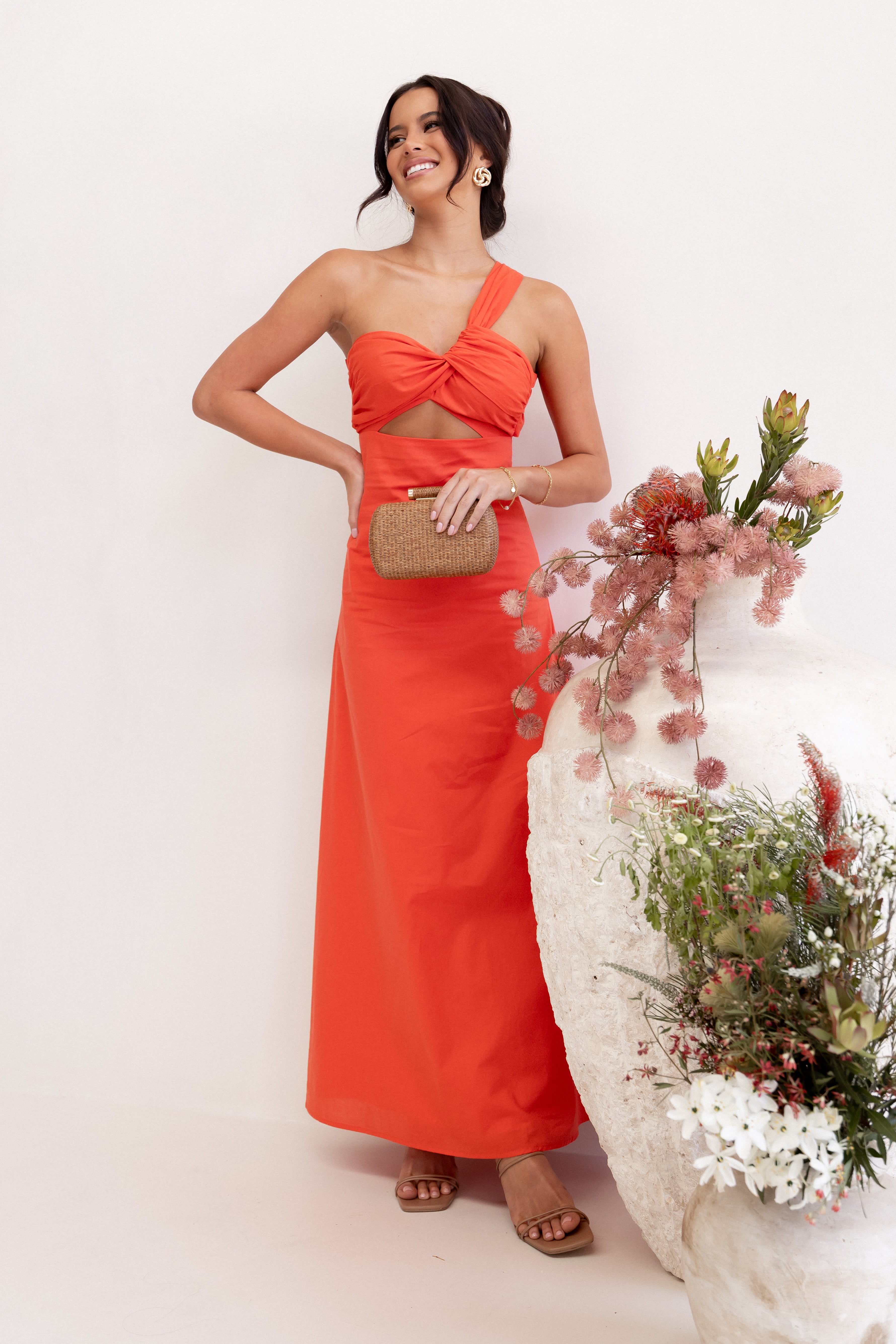 Luna One Shoulder Maxi Dress - Tangerine Cotton with Cut Out Detail