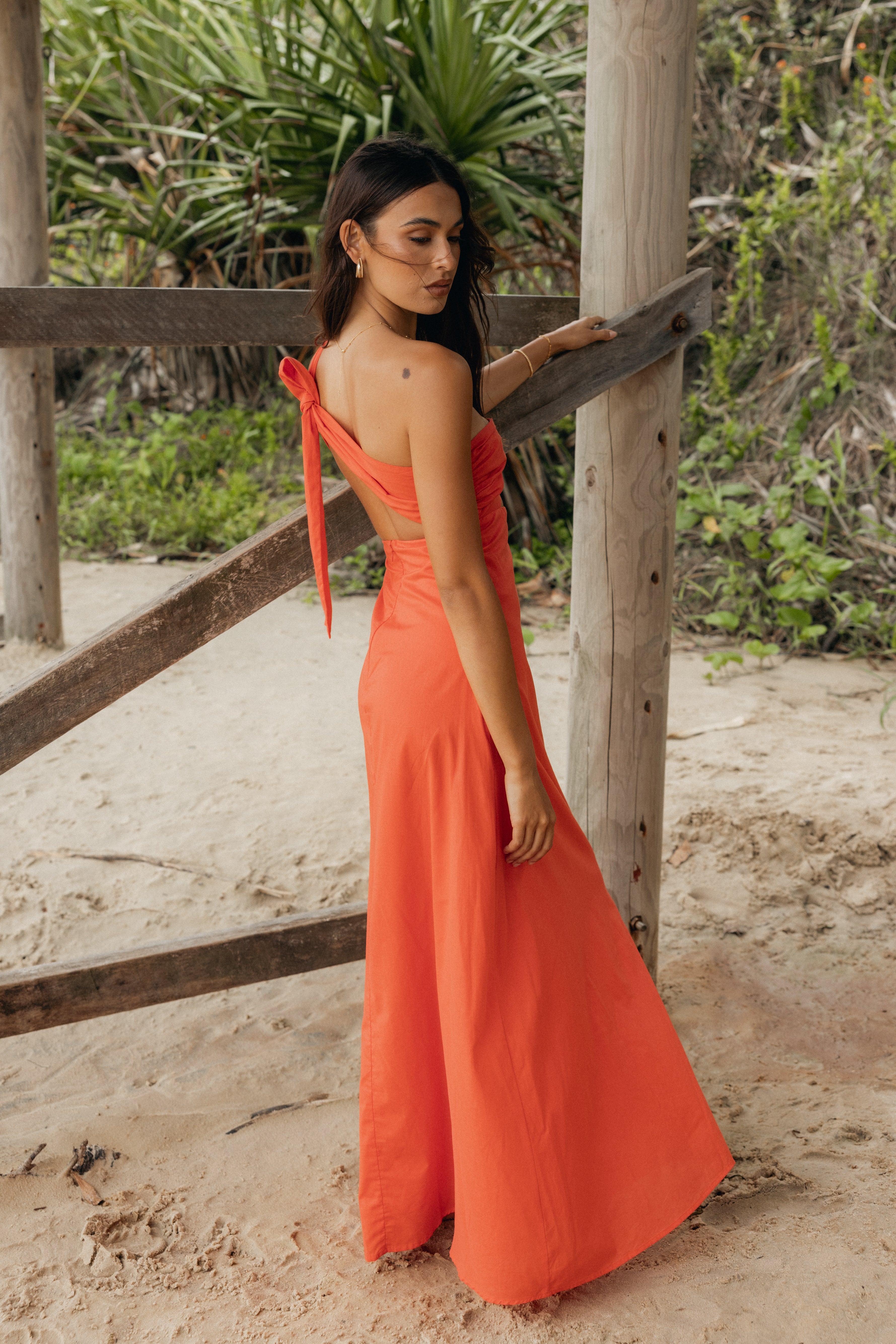 Luna One Shoulder Maxi Dress - Tangerine Cotton with Cut Out Detail