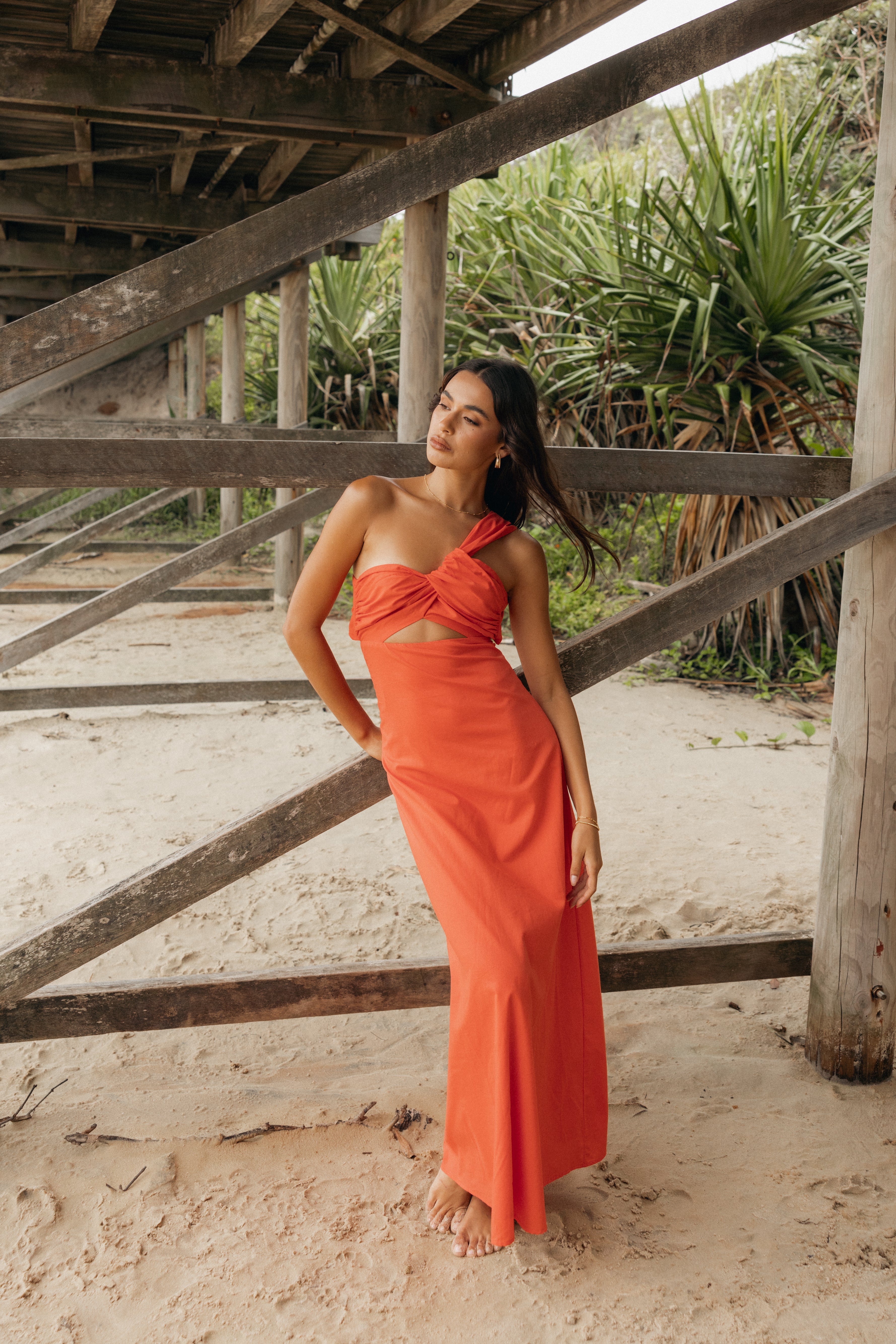 Luna One Shoulder Maxi Dress - Tangerine Cotton with Cut Out Detail