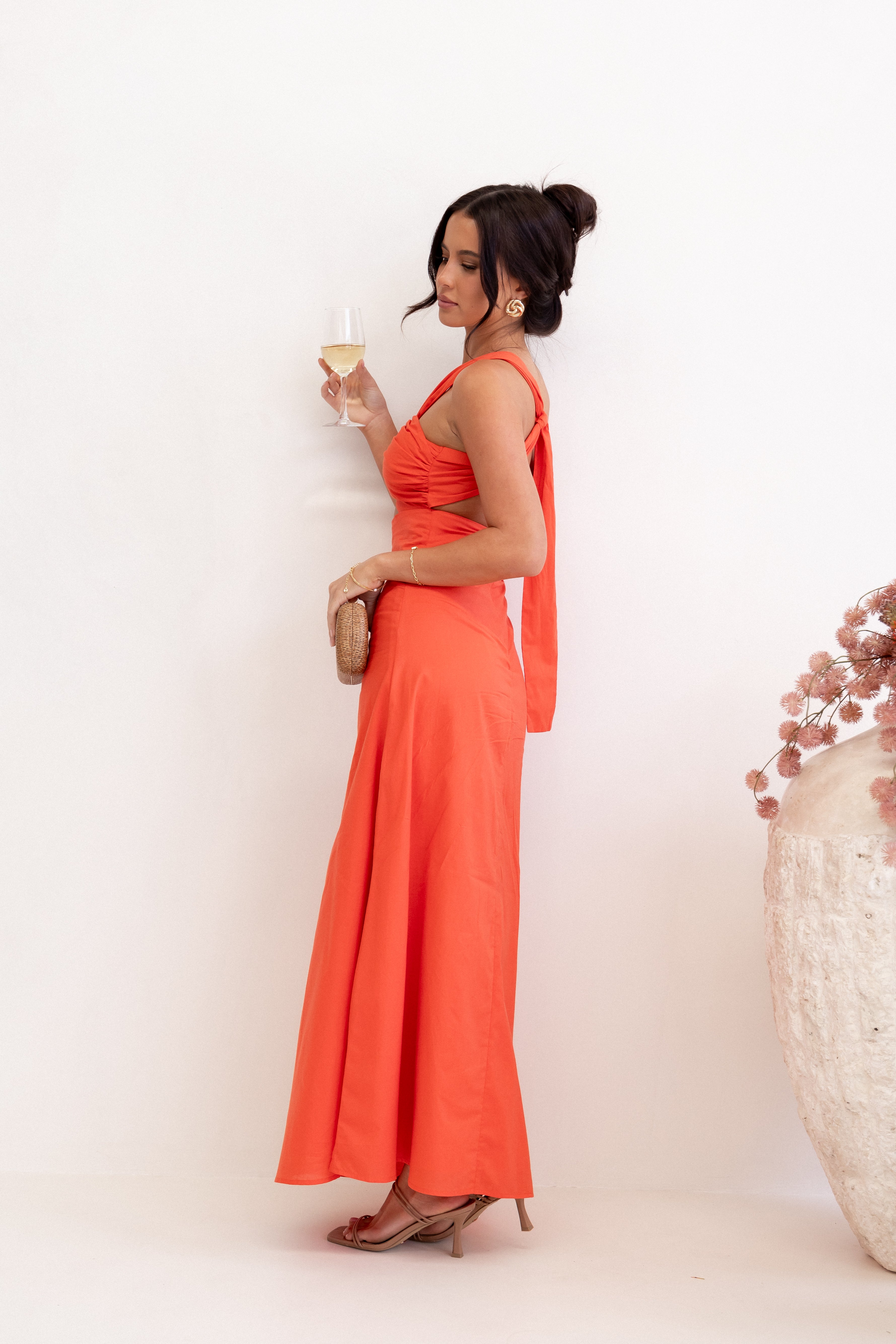 Luna One Shoulder Maxi Dress - Tangerine Cotton with Cut Out Detail