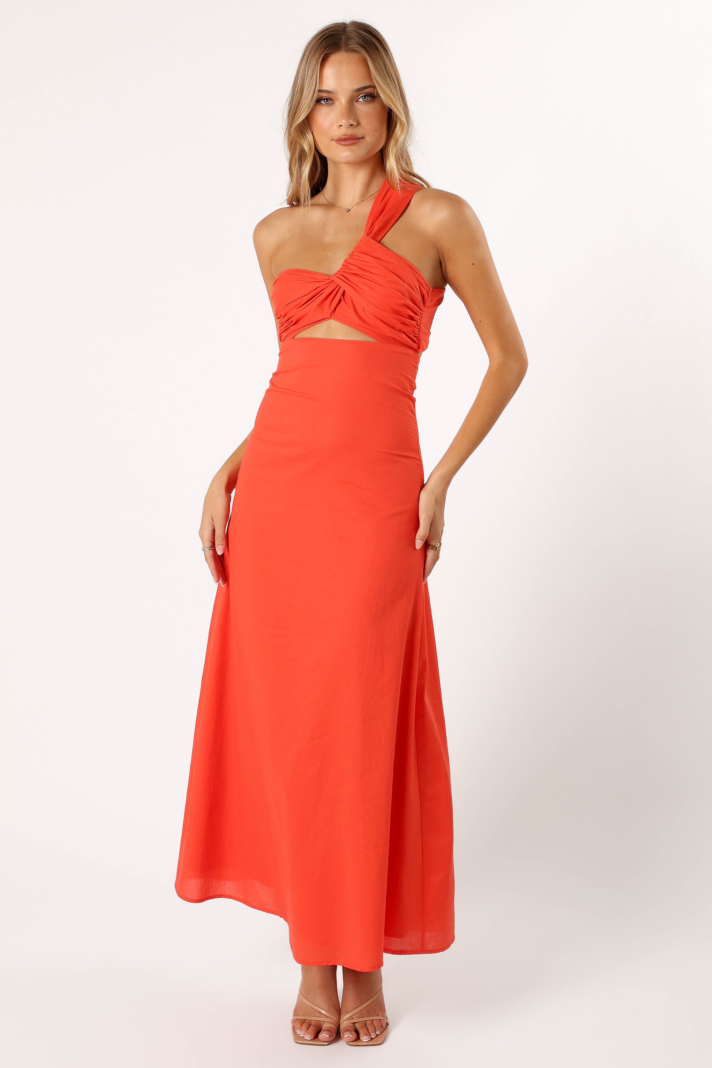 Luna One Shoulder Maxi Dress - Tangerine Cotton with Cut Out Detail