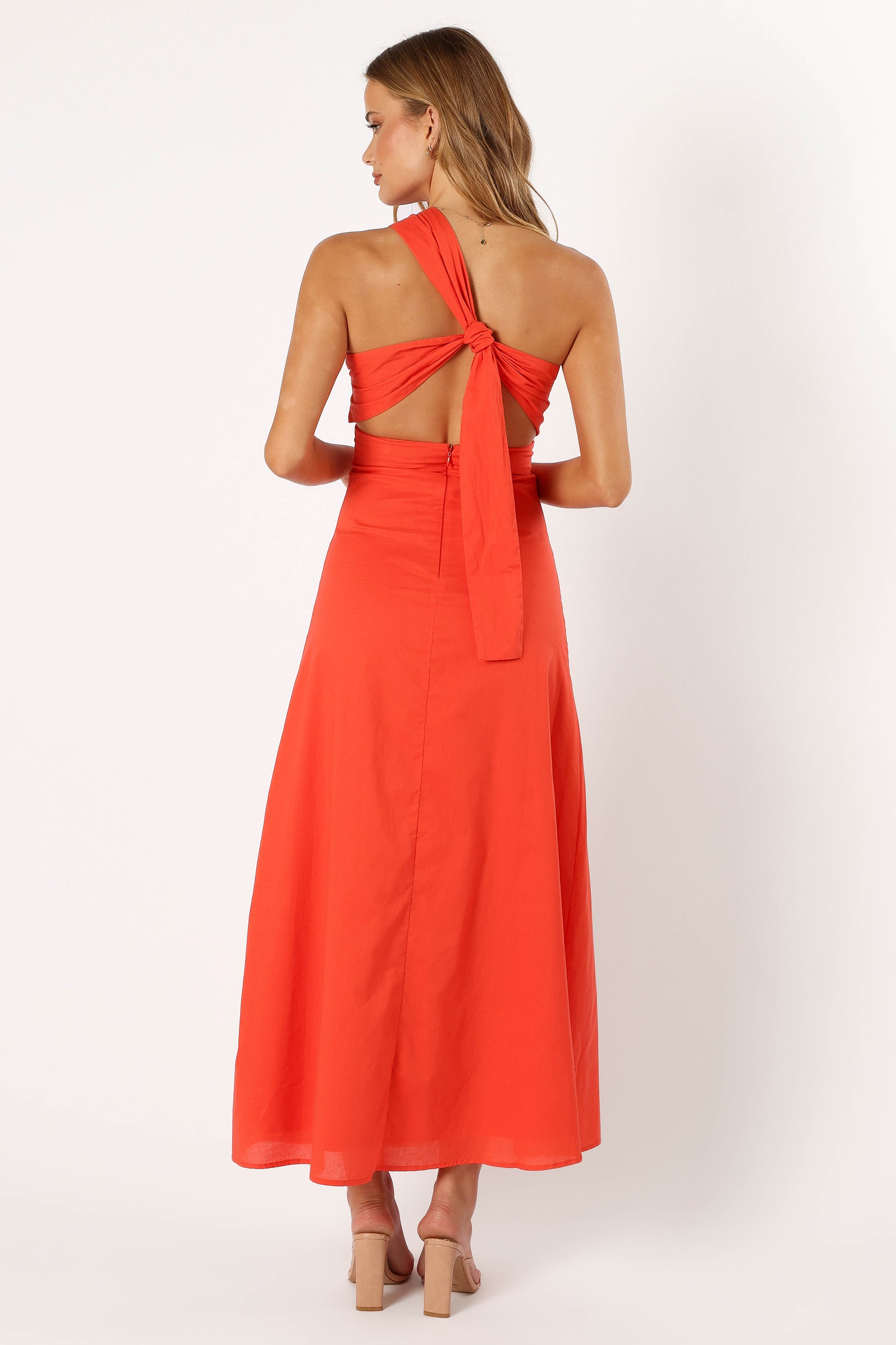 Luna One Shoulder Maxi Dress - Tangerine Cotton with Cut Out Detail