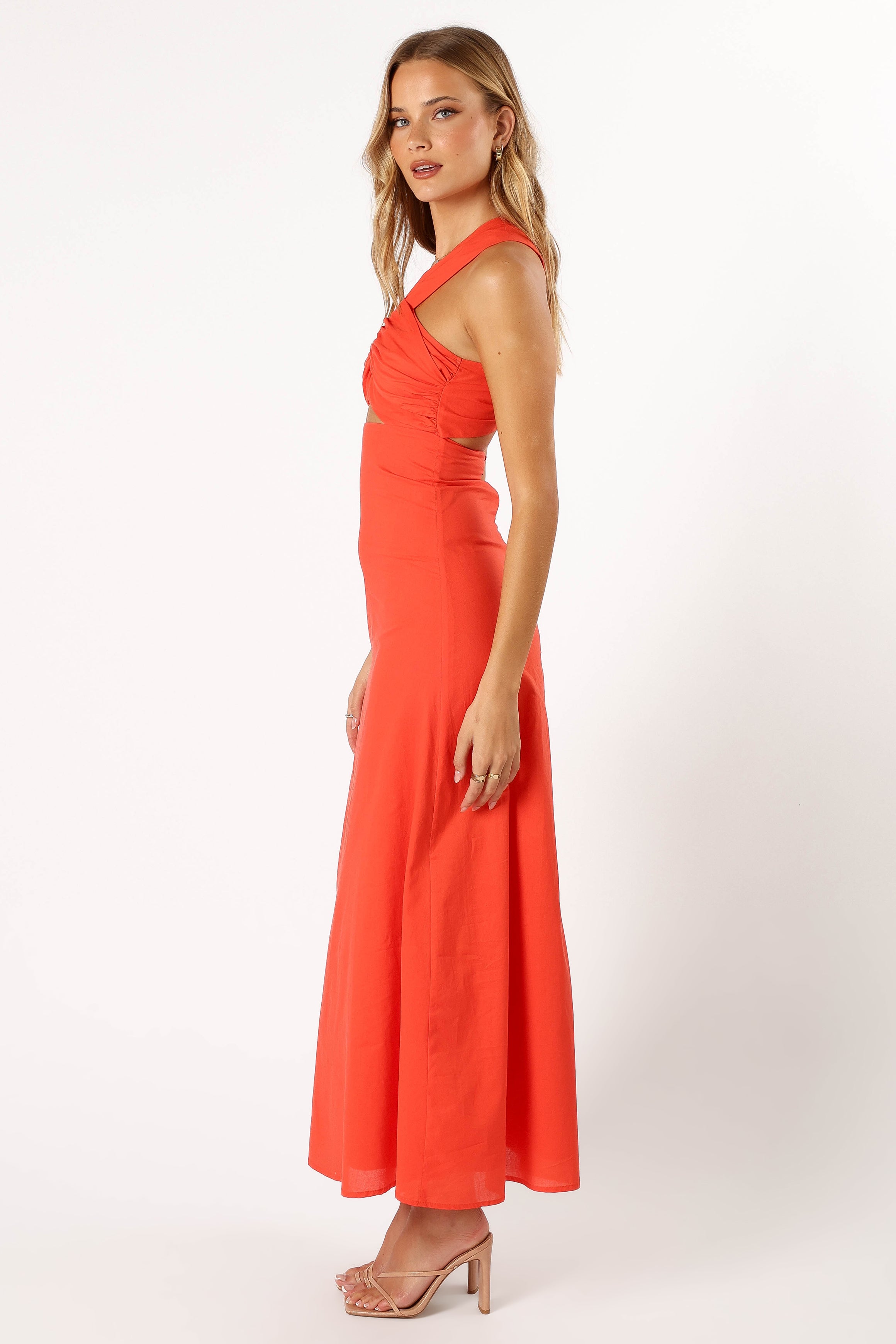 Luna One Shoulder Maxi Dress - Tangerine Cotton with Cut Out Detail