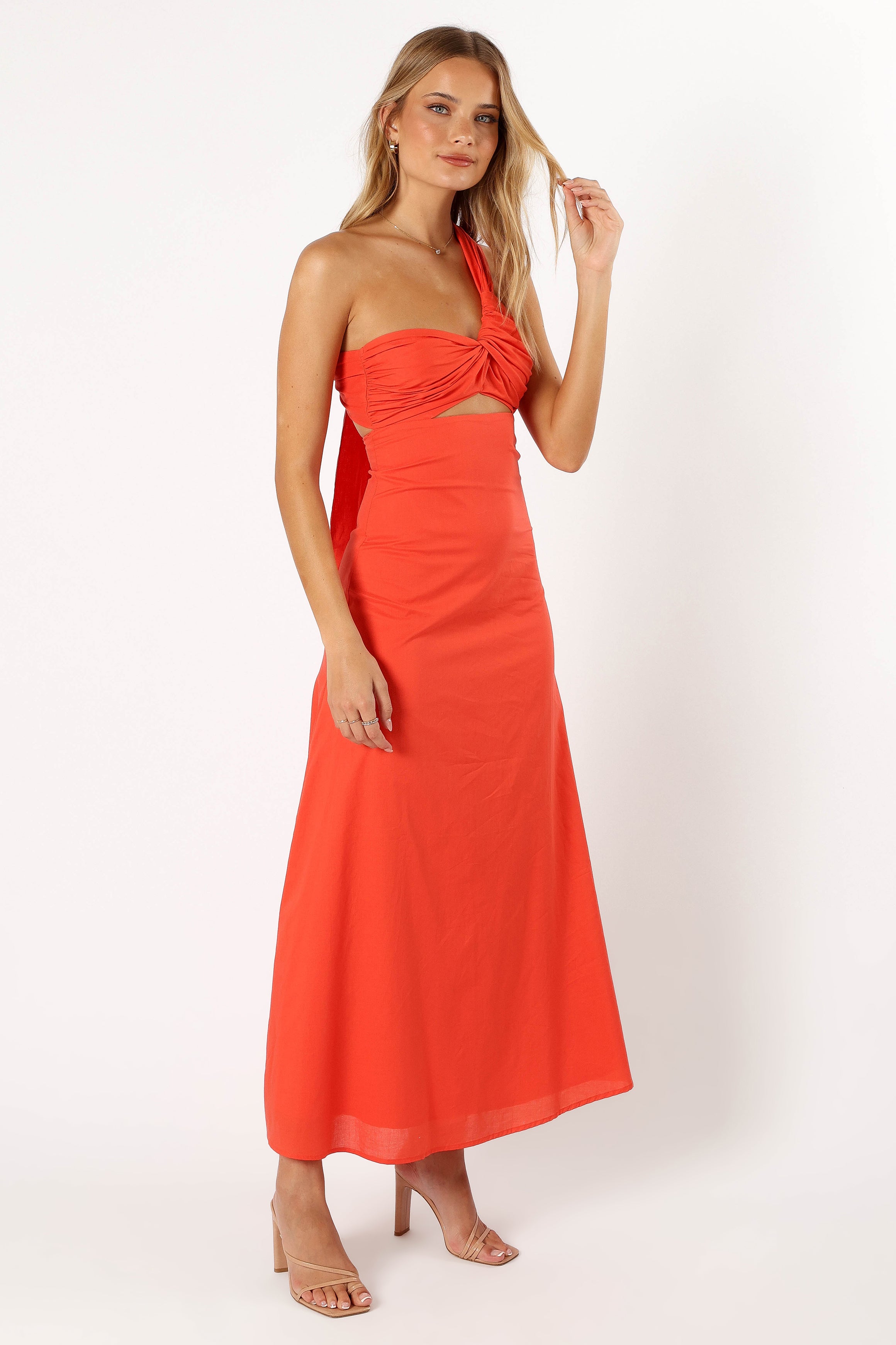 Luna One Shoulder Maxi Dress - Tangerine Cotton with Cut Out Detail