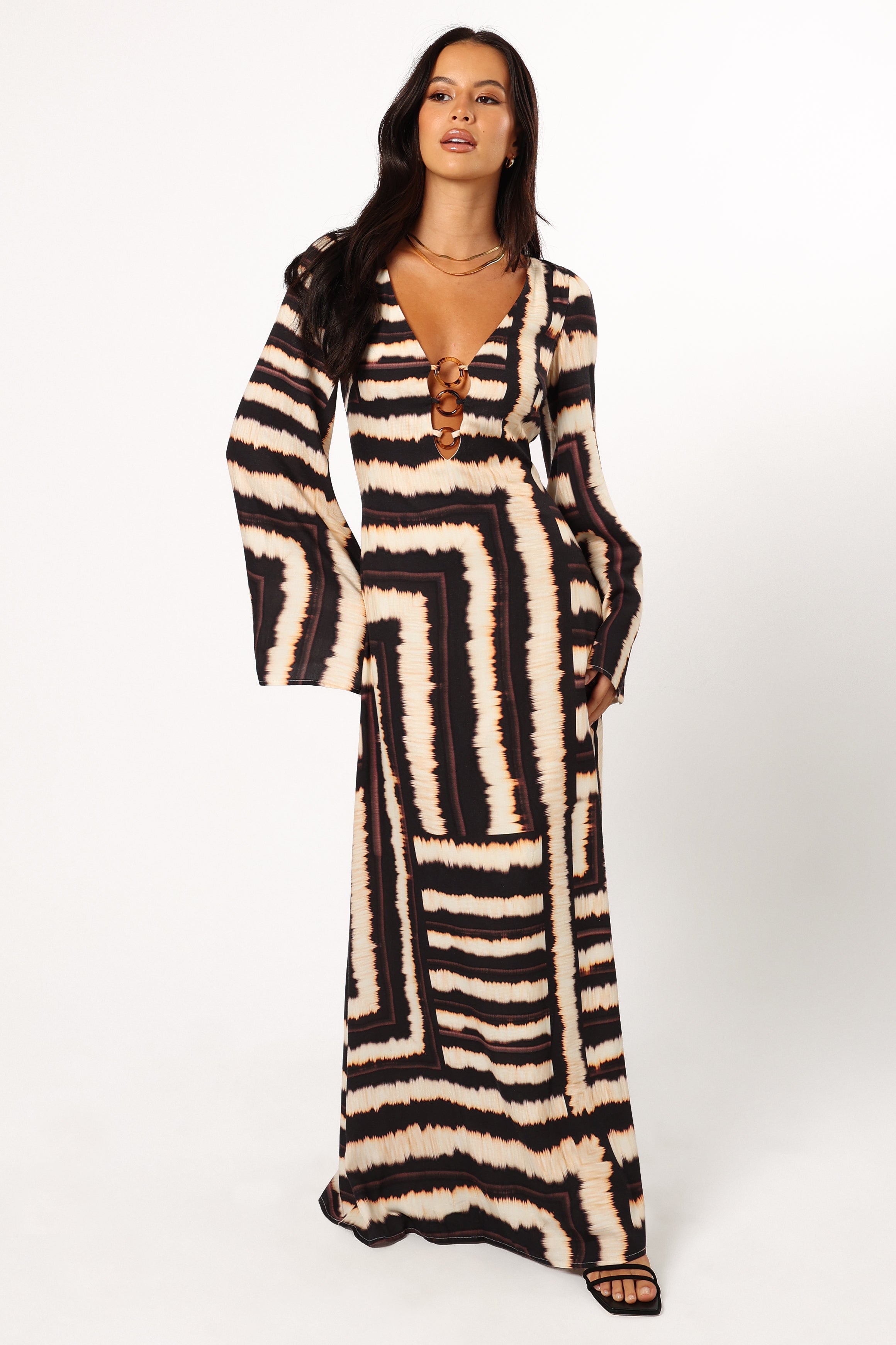 Azure Noria Print Maxi Dress with Tortoiseshell Ring & Open Back