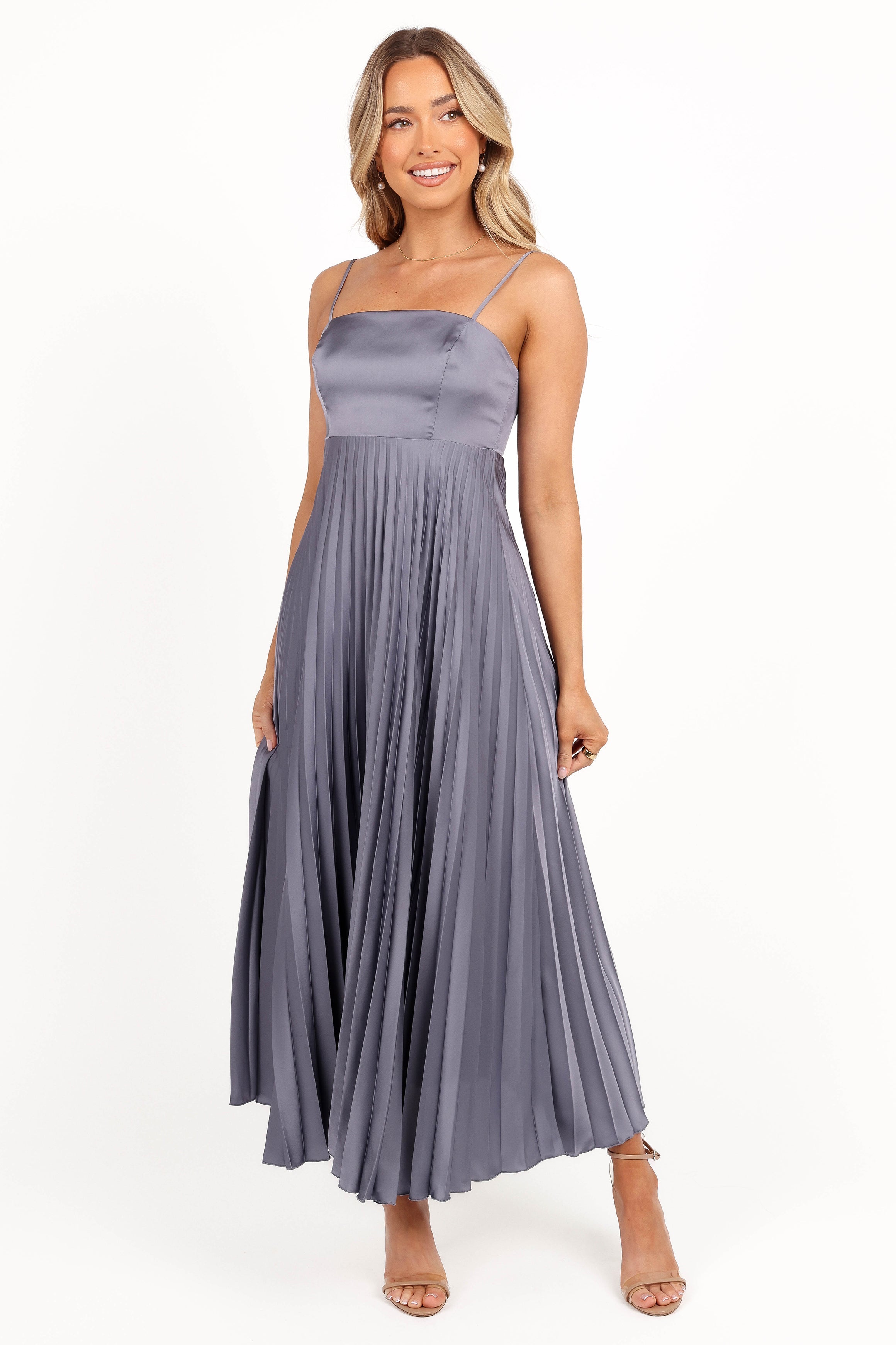 Keegan Satin Maxi Dress with Pleated Skirt - Steel Gray