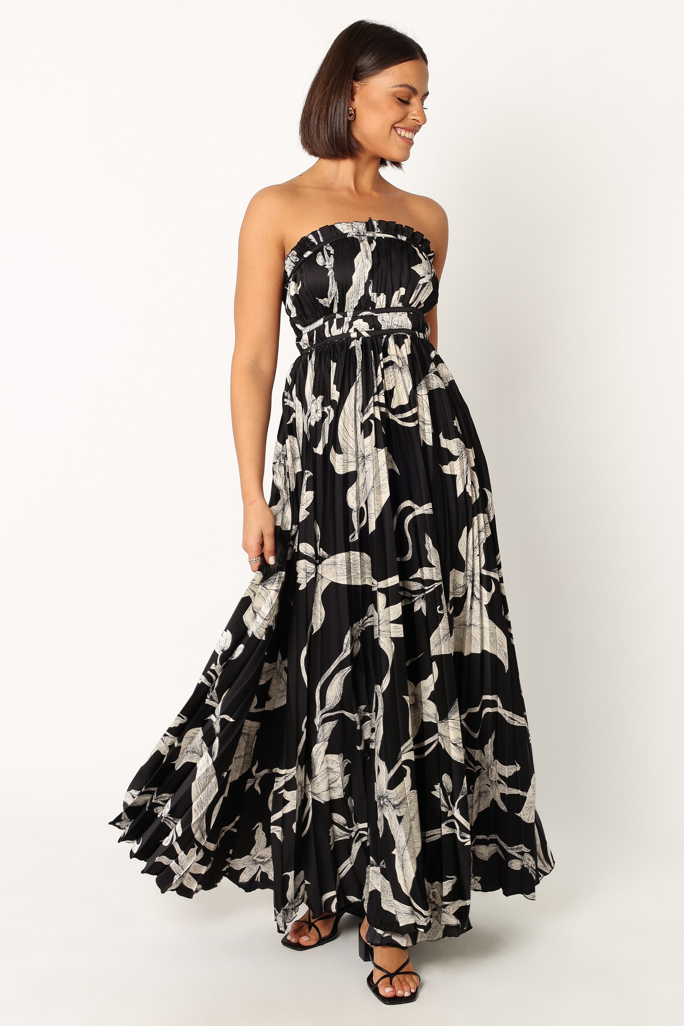 Black Floral Strapless Maxi Dress - Angelique Satin Gown