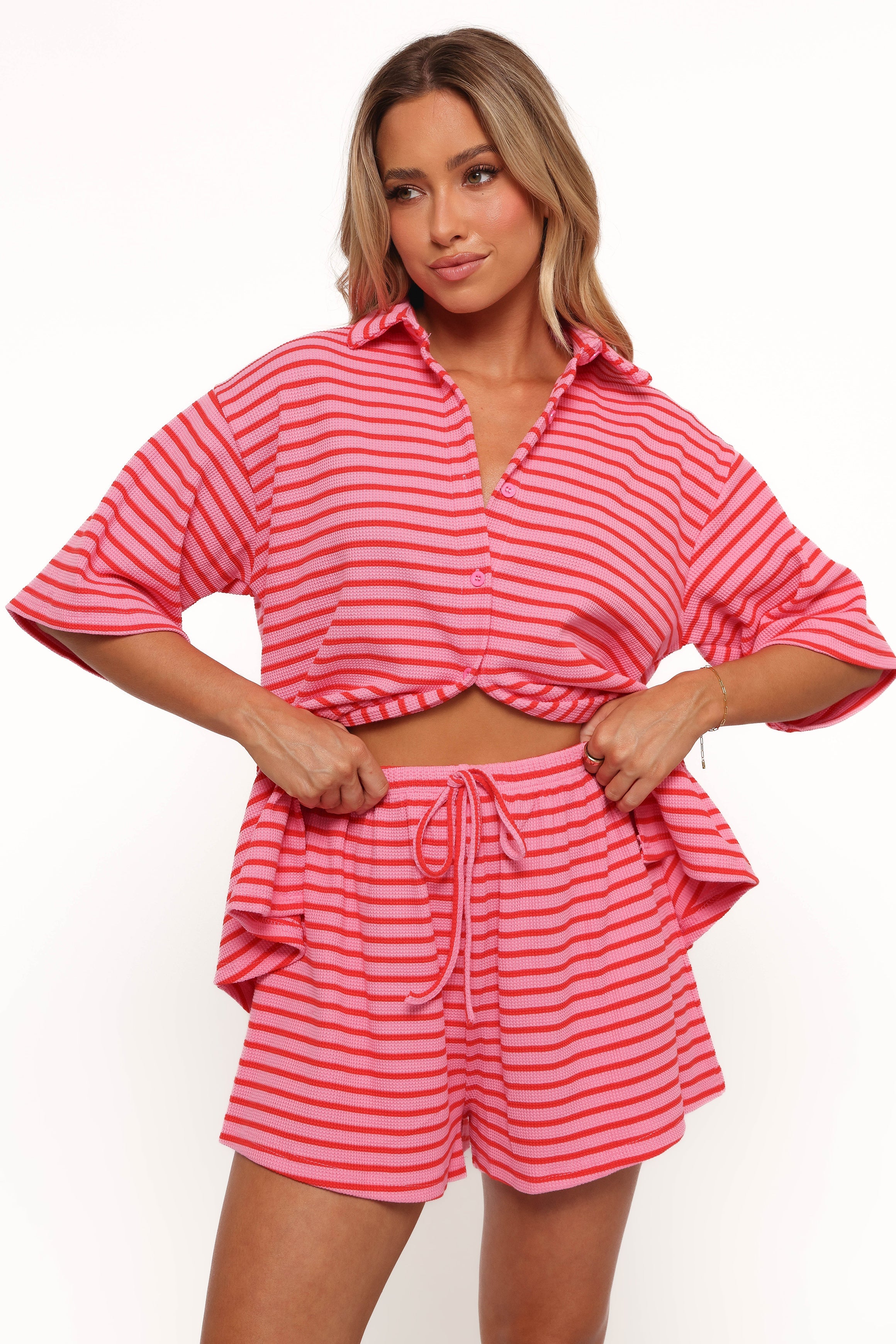 Alden Cotton Knit Short Set - Pink & Red Striped Loungewear