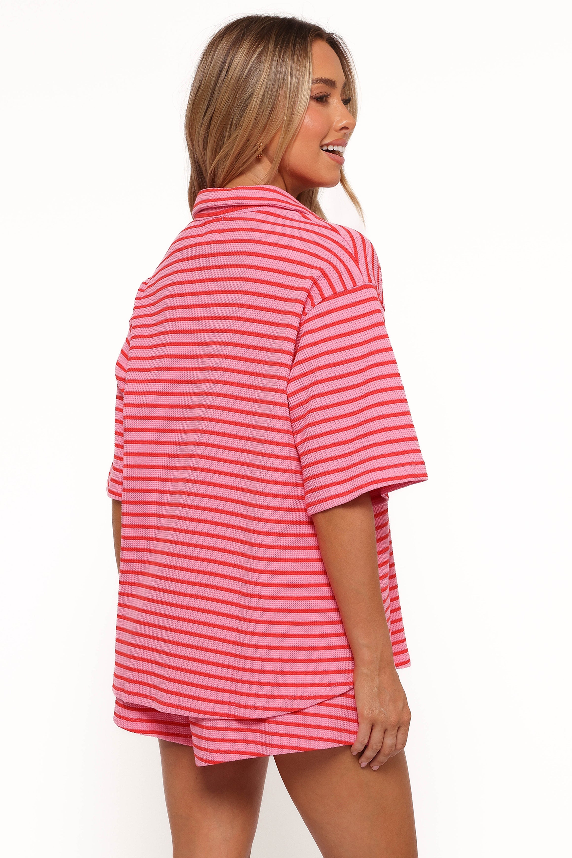 Alden Cotton Knit Short Set - Pink & Red Striped Loungewear