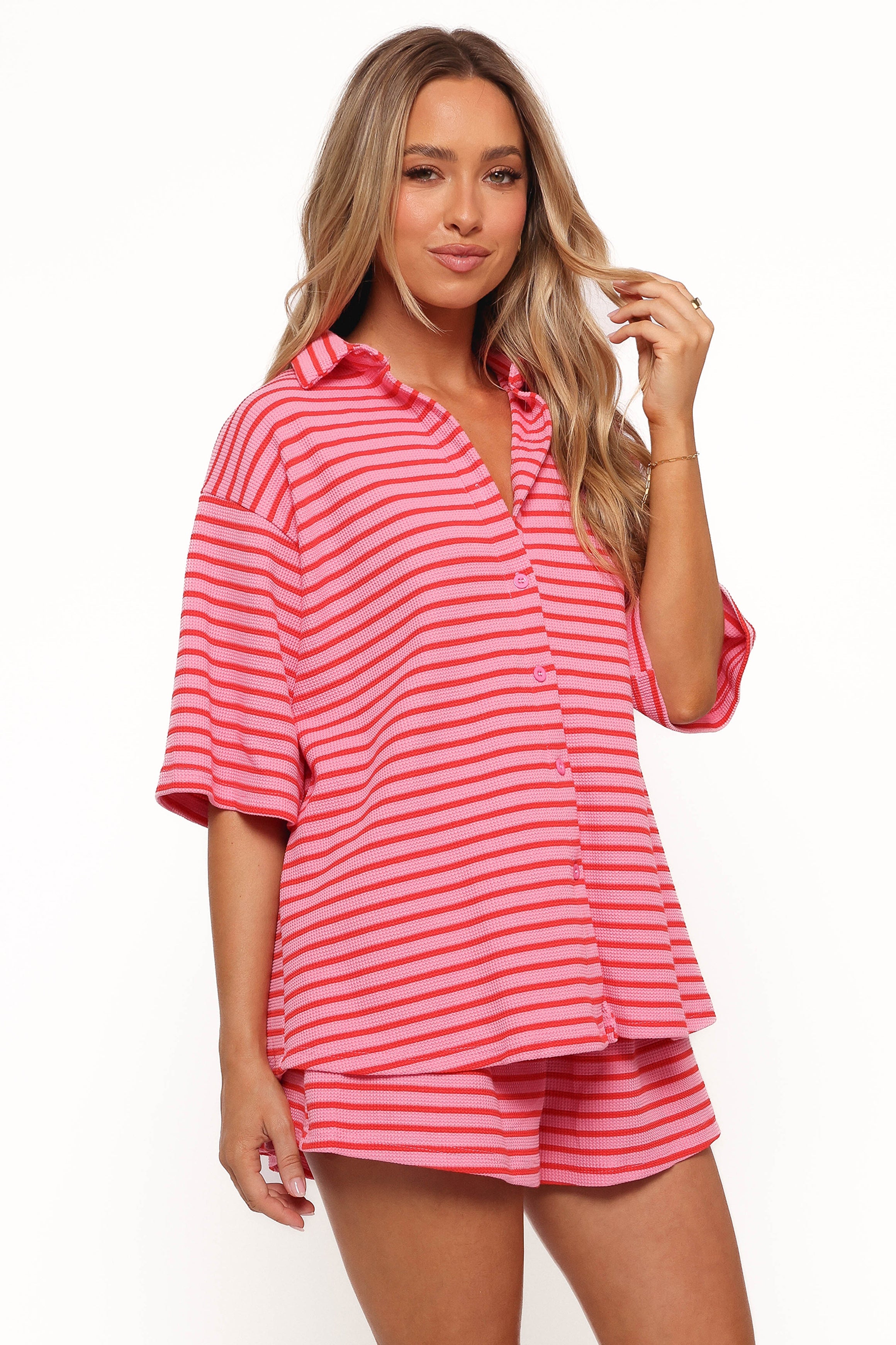Alden Cotton Knit Short Set - Pink & Red Striped Loungewear
