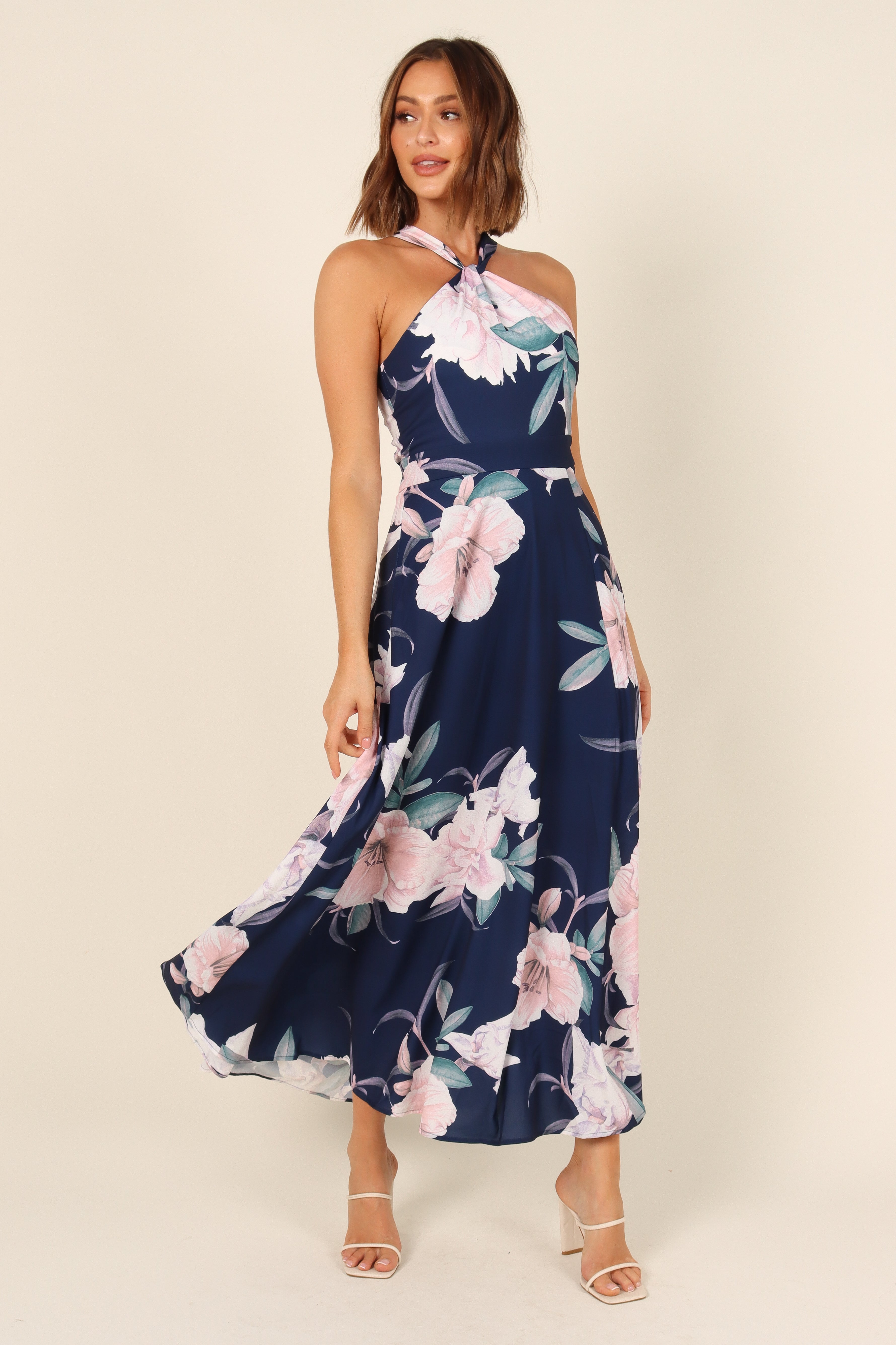 Navy Halterneck Maxi Dress with Floral Print & Front Cut Out