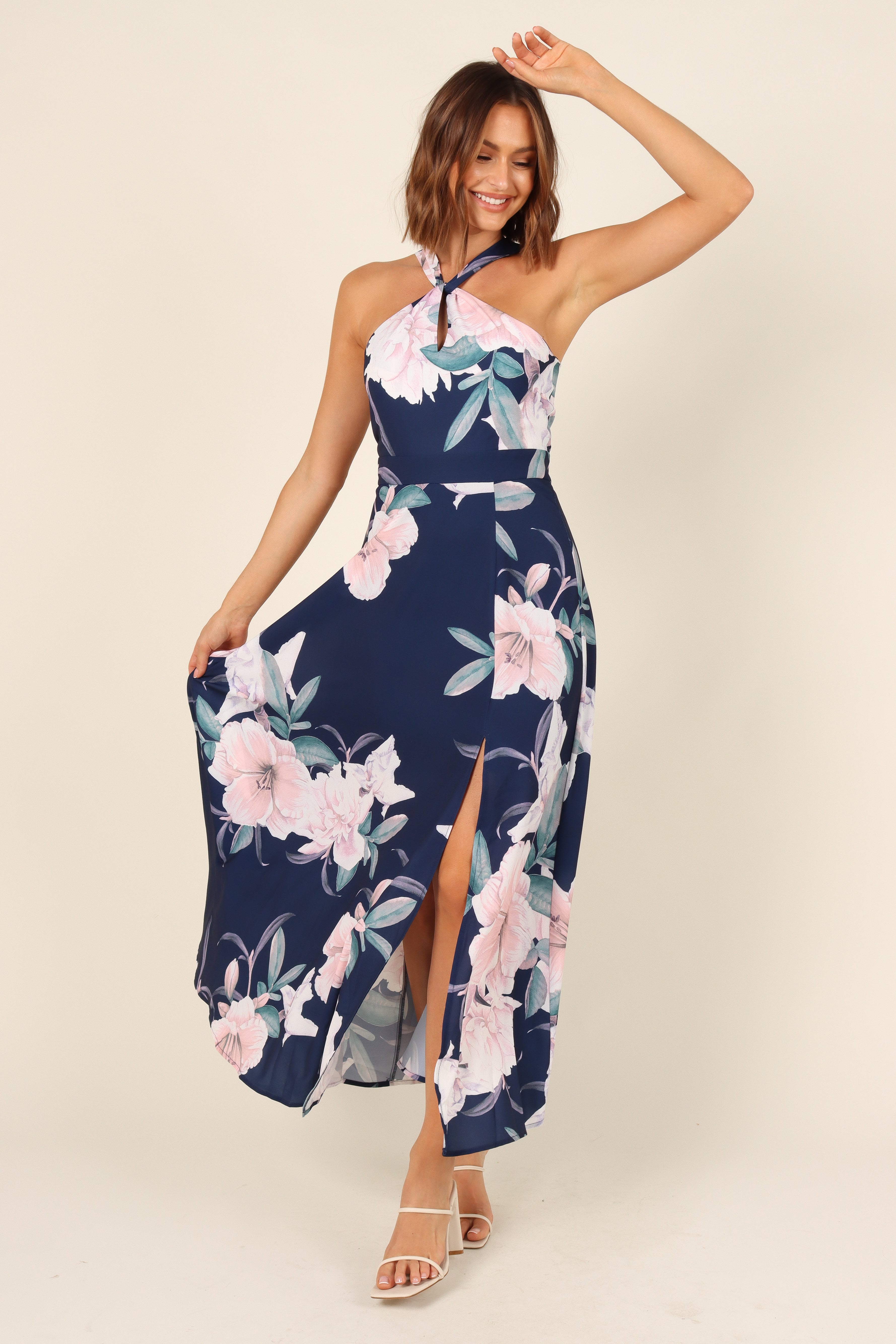 Navy Halterneck Maxi Dress with Floral Print & Front Cut Out