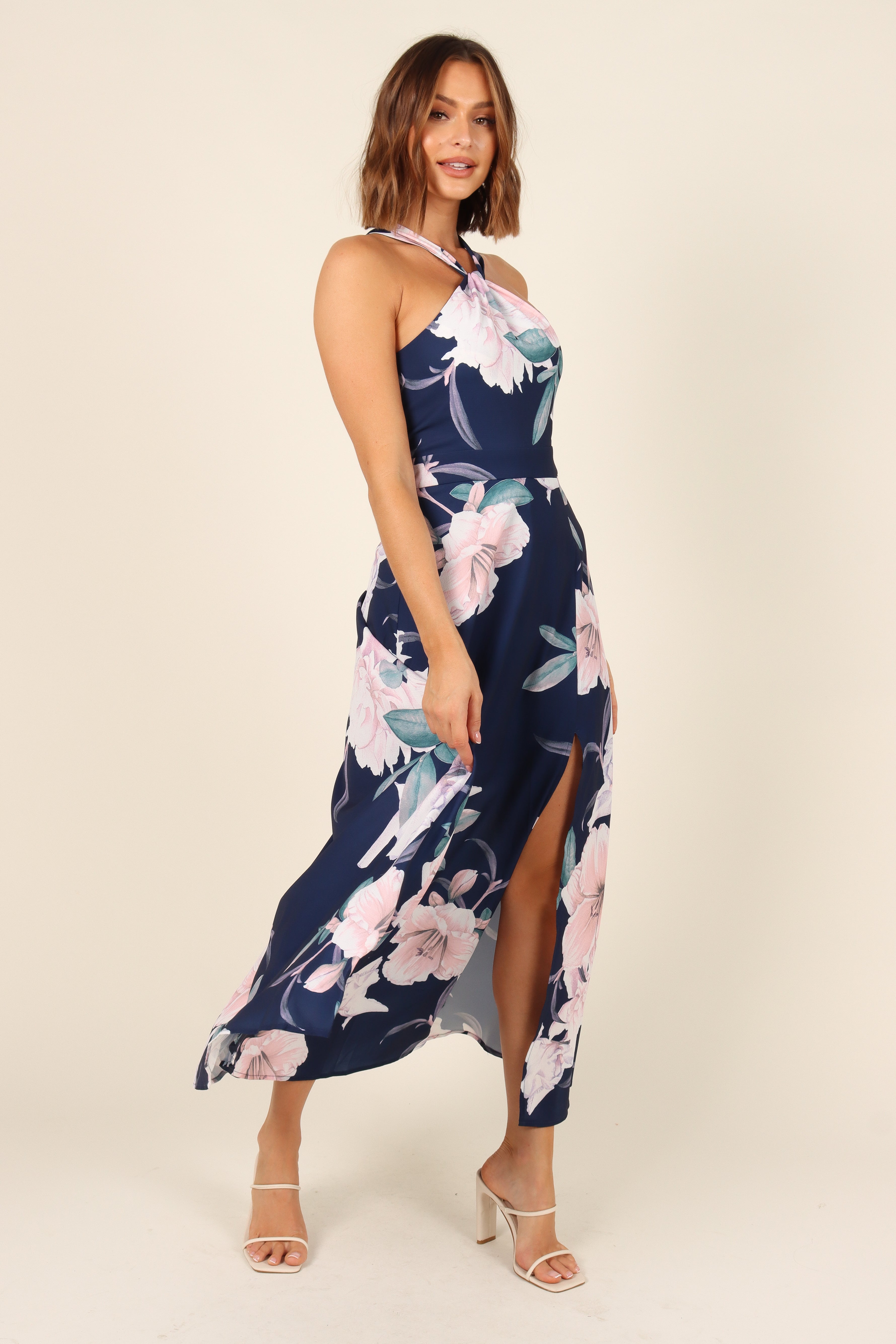 Navy Halterneck Maxi Dress with Floral Print & Front Cut Out
