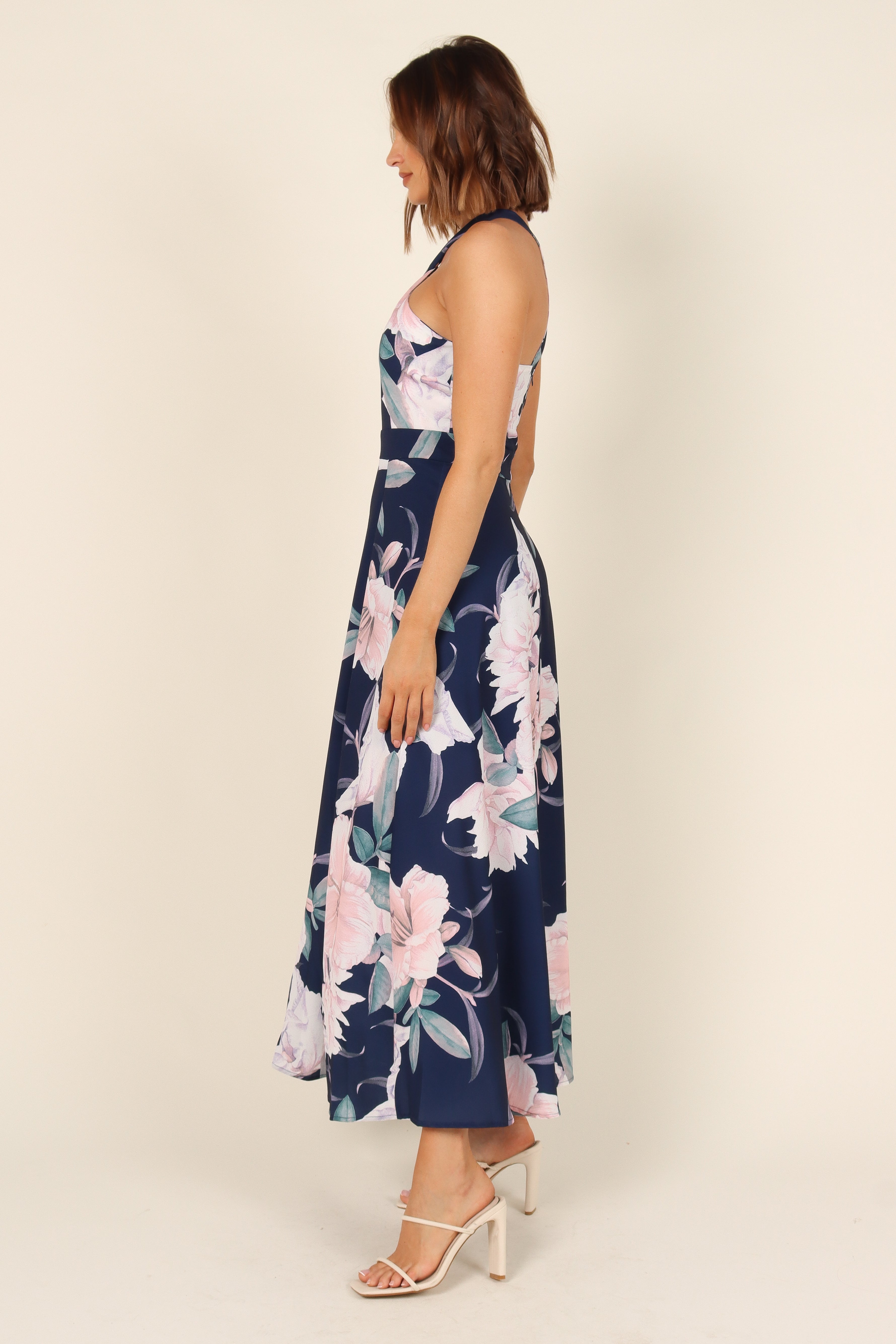 Navy Halterneck Maxi Dress with Floral Print & Front Cut Out