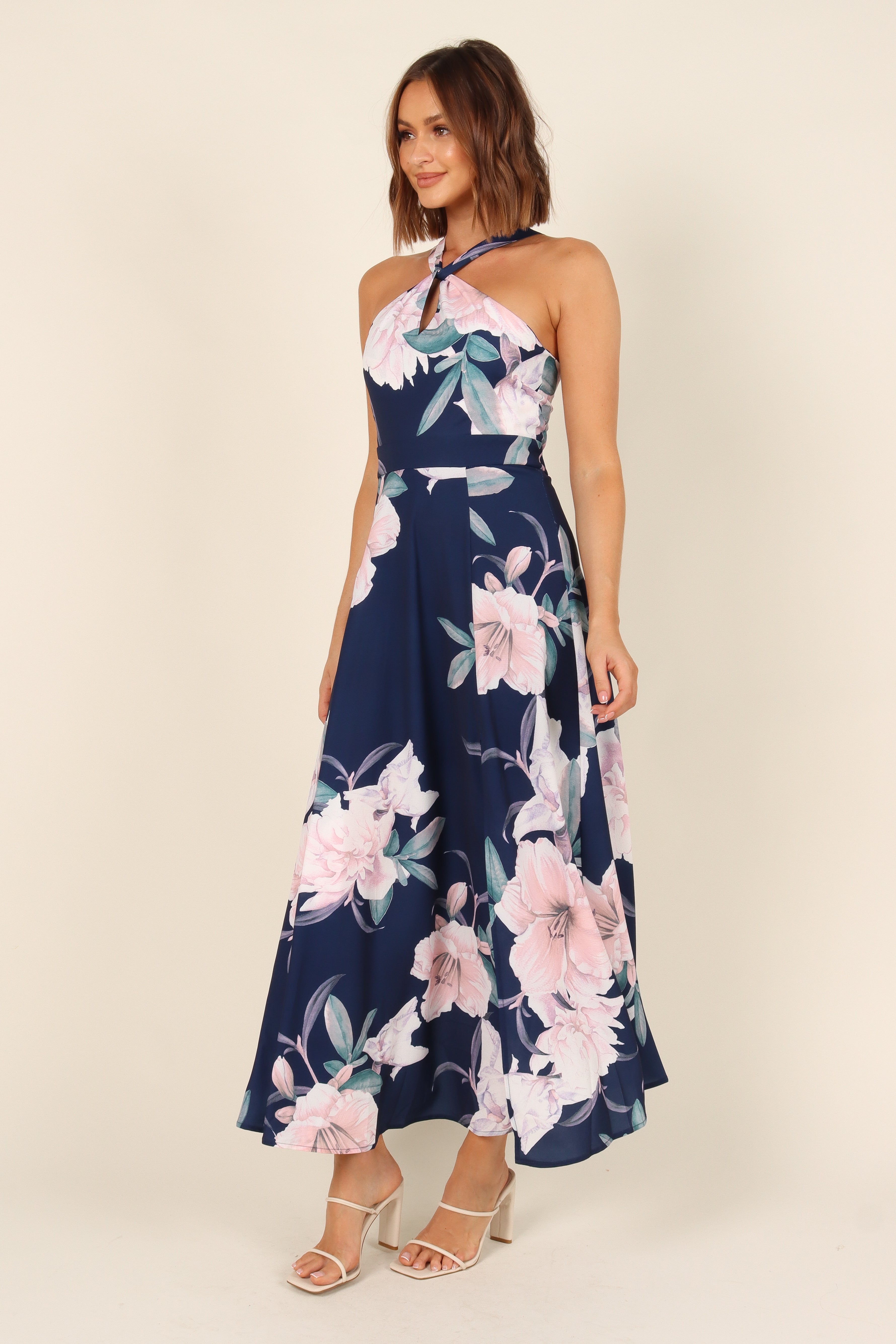 Navy Halterneck Maxi Dress with Floral Print & Front Cut Out
