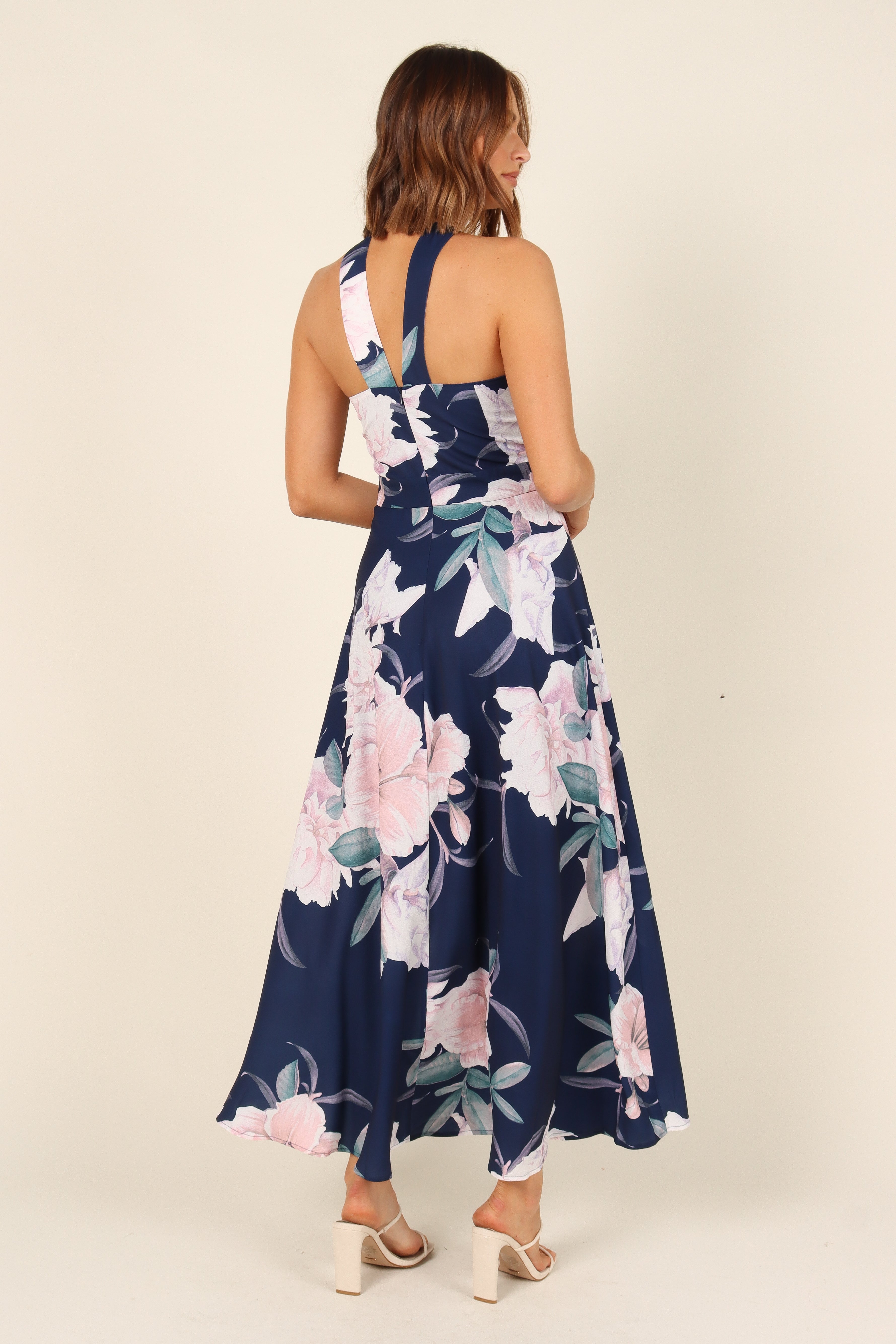 Navy Halterneck Maxi Dress with Floral Print & Front Cut Out