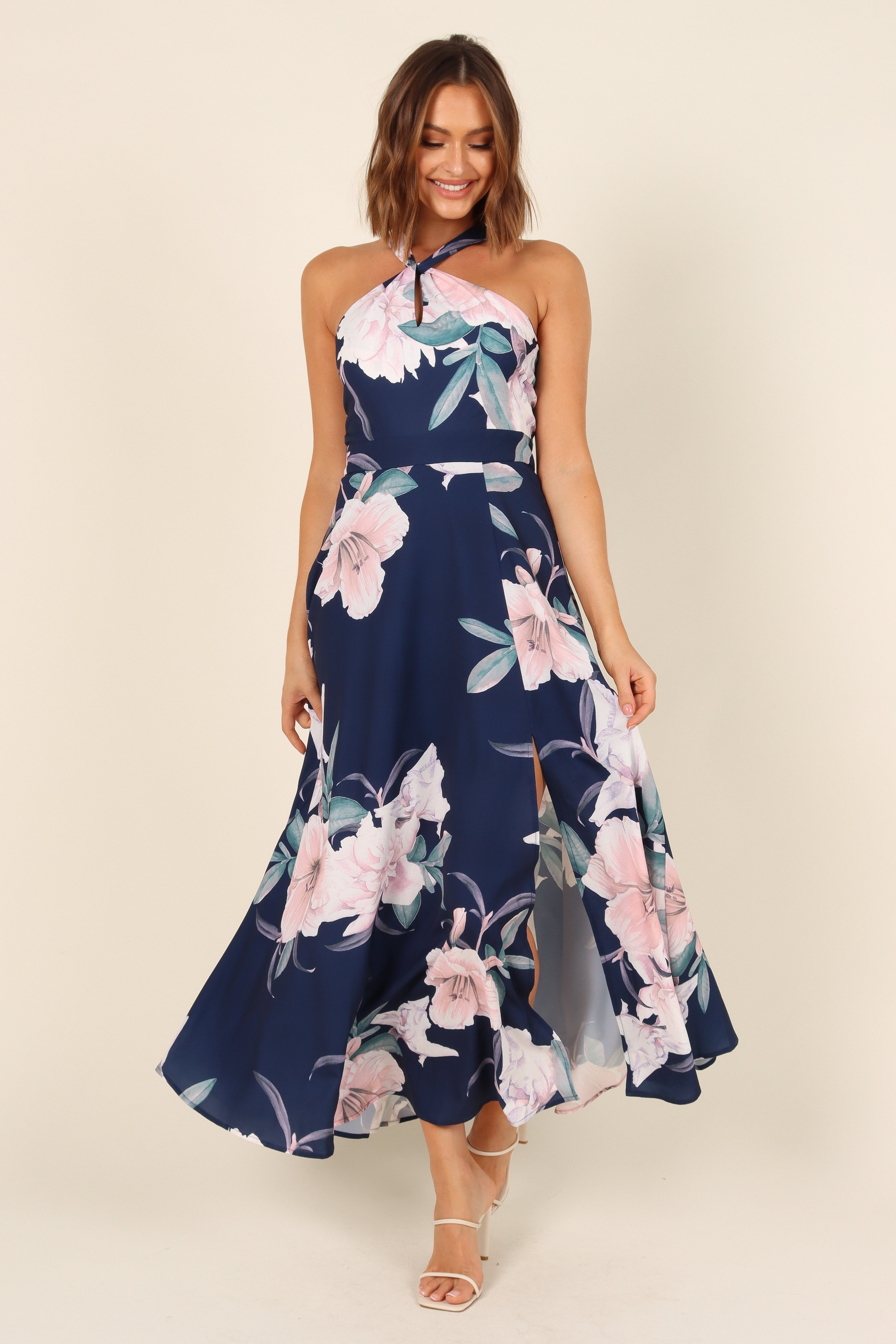 Navy Halterneck Maxi Dress with Floral Print & Front Cut Out
