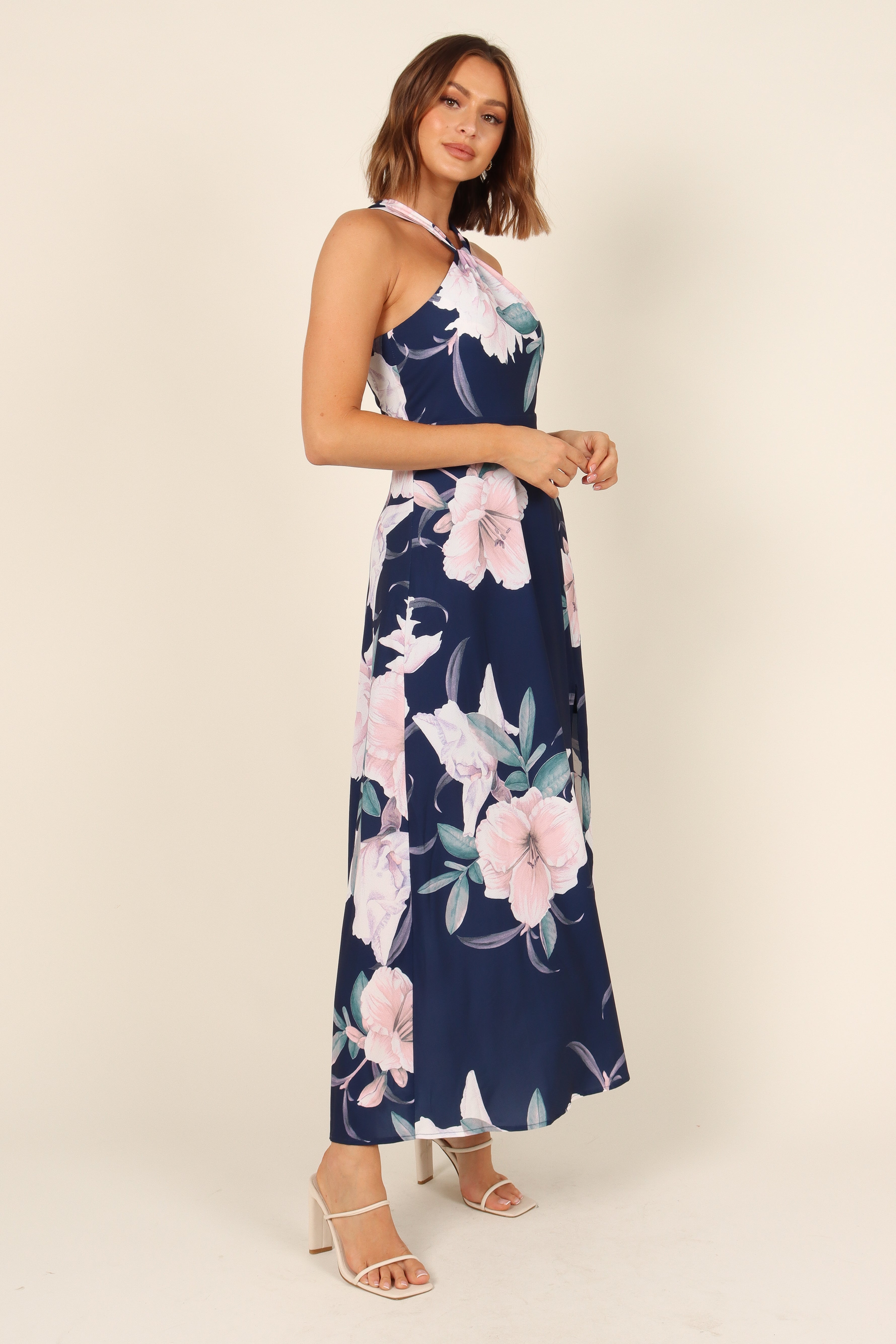 Navy Halterneck Maxi Dress with Floral Print & Front Cut Out