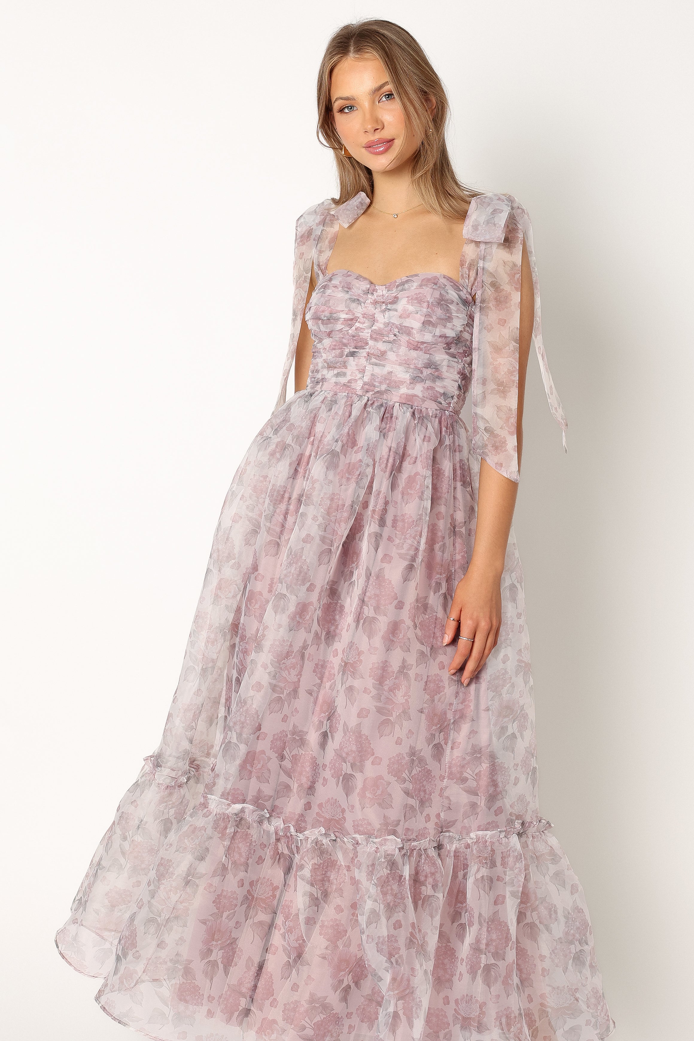 Floral Chiffon Midi Dress with Sweetheart Neckline - Dark Purple