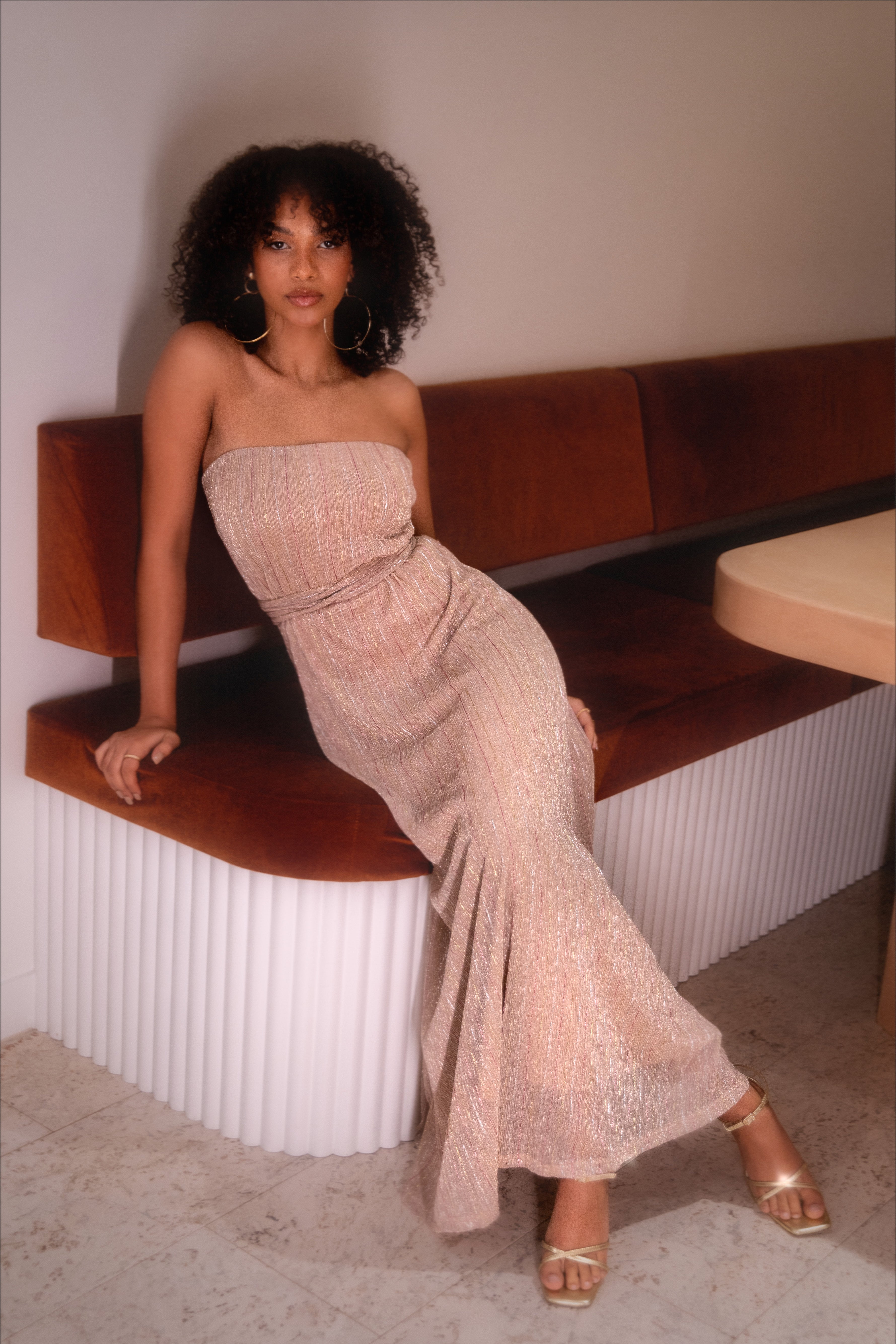 Rose Gold Strapless Maxi Dress with Detachable Waist Tie - Farley