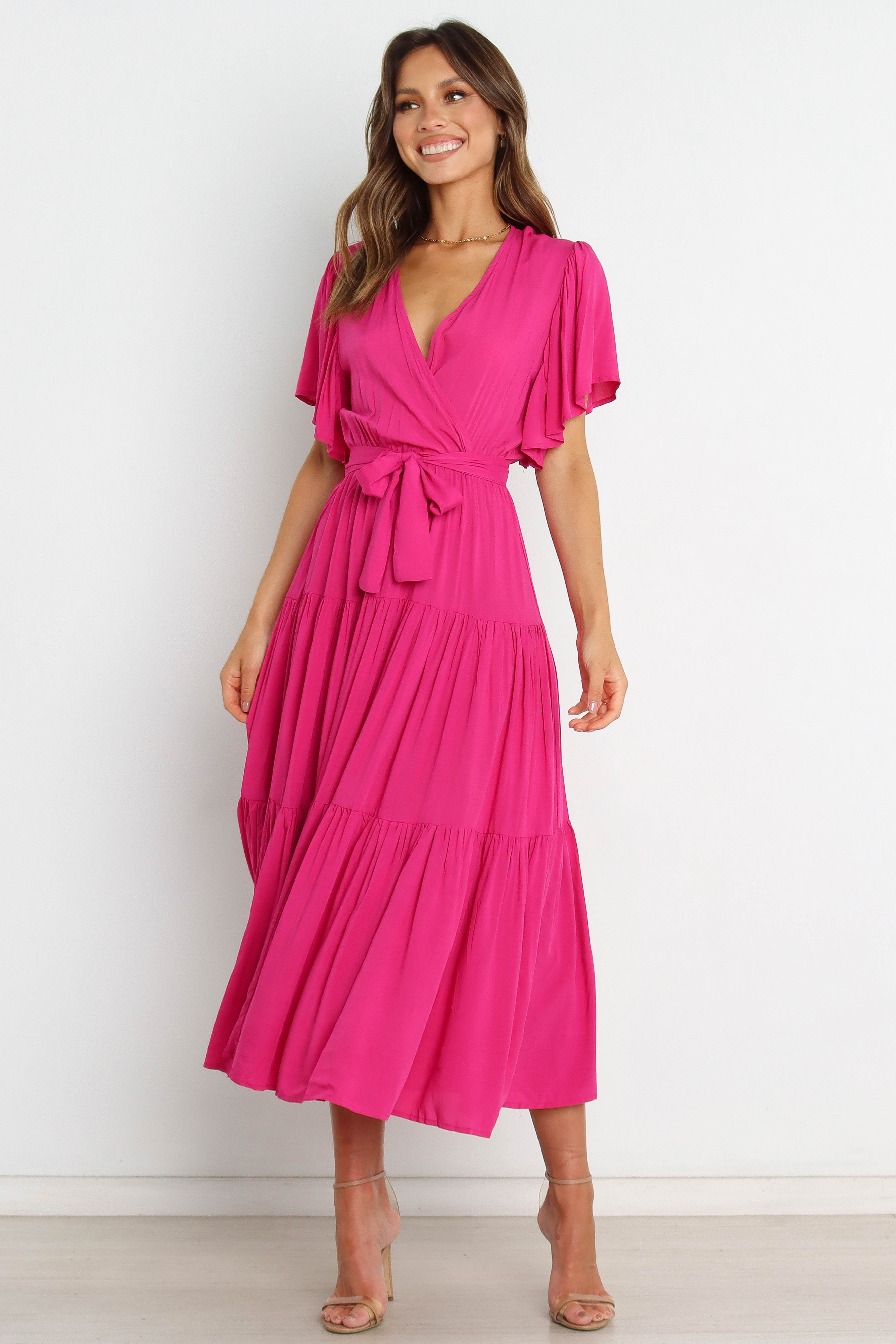 Pink Barker Midi Dress with Ruffle Sleeves & Waist Tie
