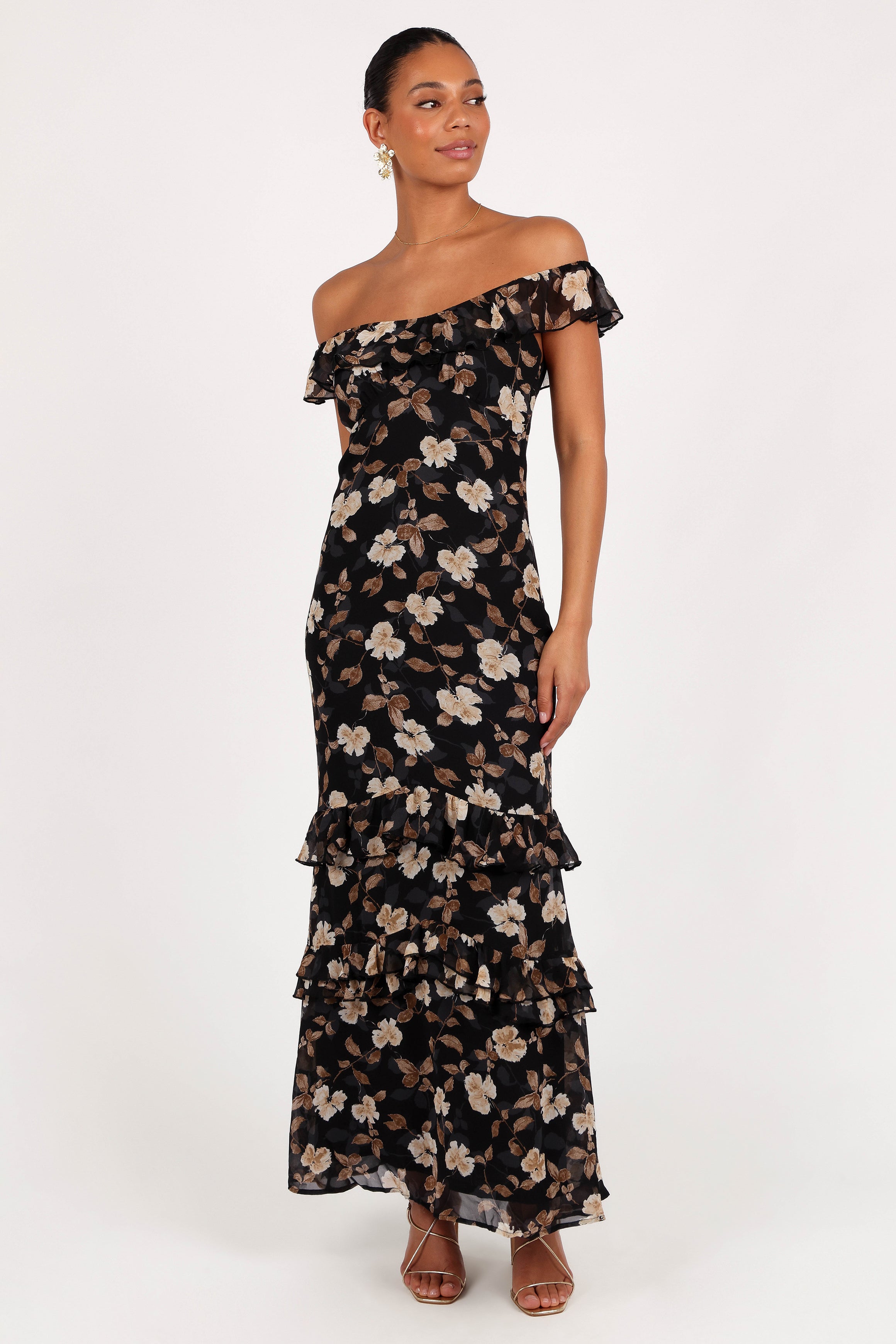 Black Floral Maxi Dress with Ruffle Neckline & Tiered Skirt - Irelynn