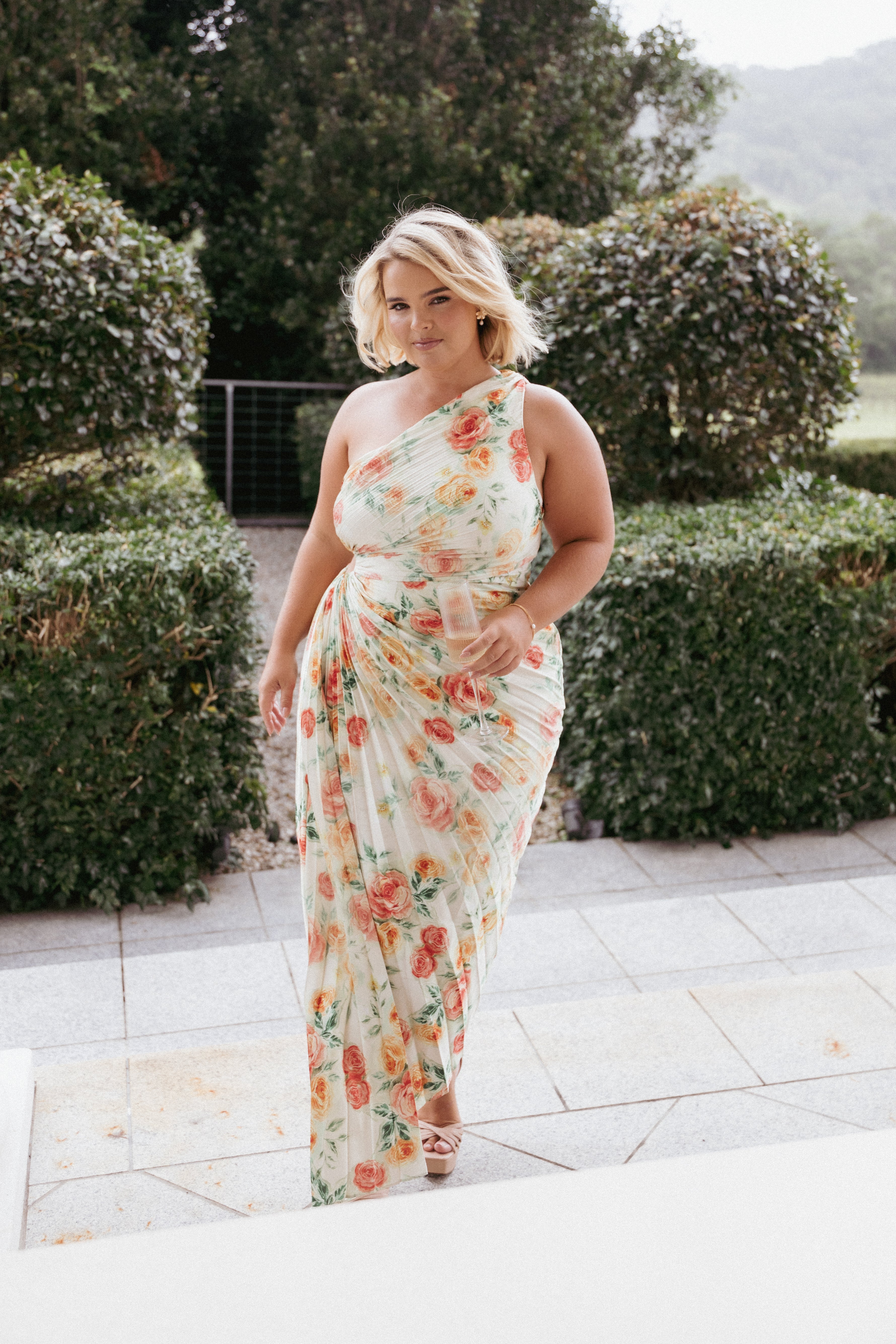 One Shoulder Yellow Floral Maxi Dress with Side Cutout