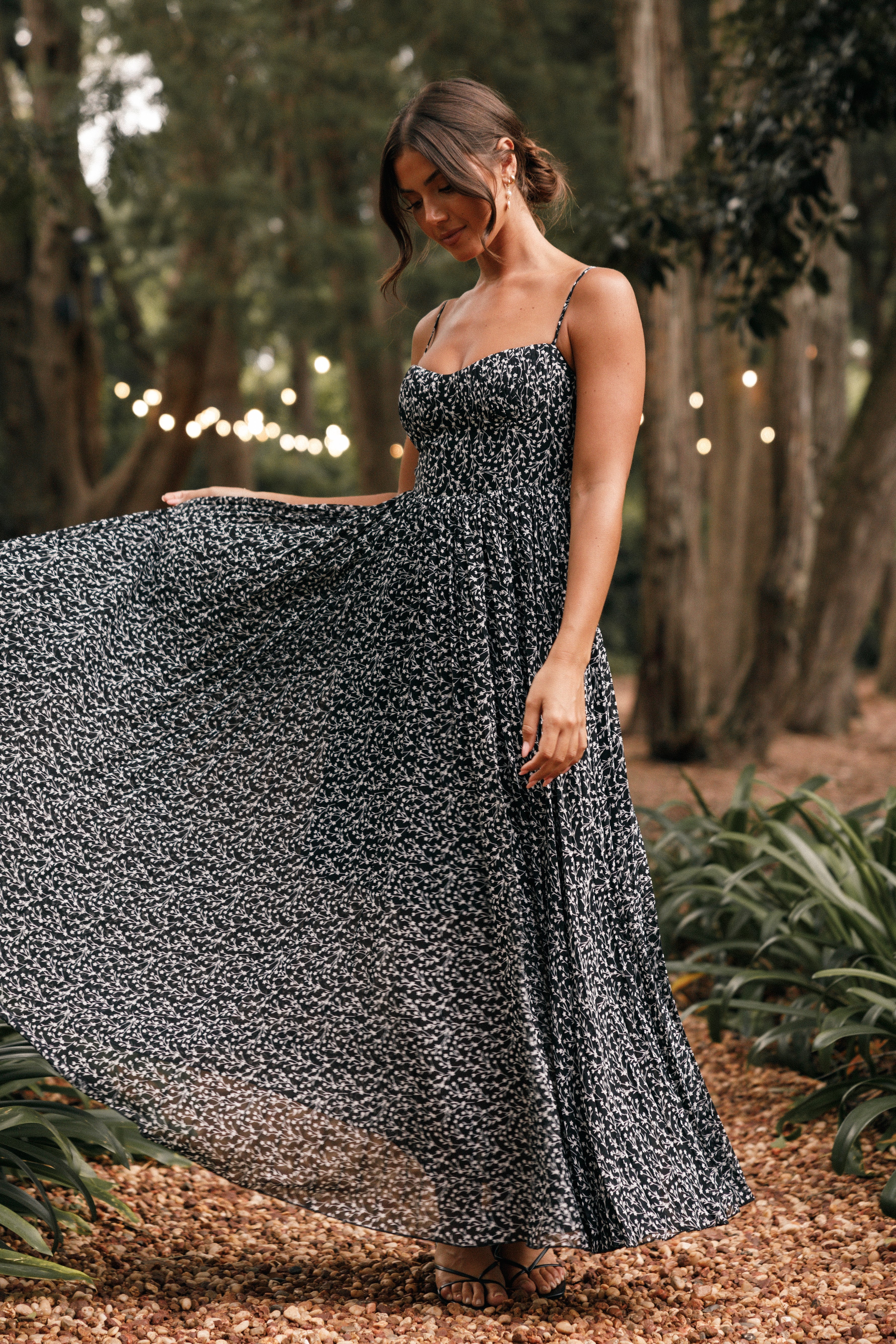 Black Floral Pleated Maxi Dress with Sweetheart Neckline | Achanti