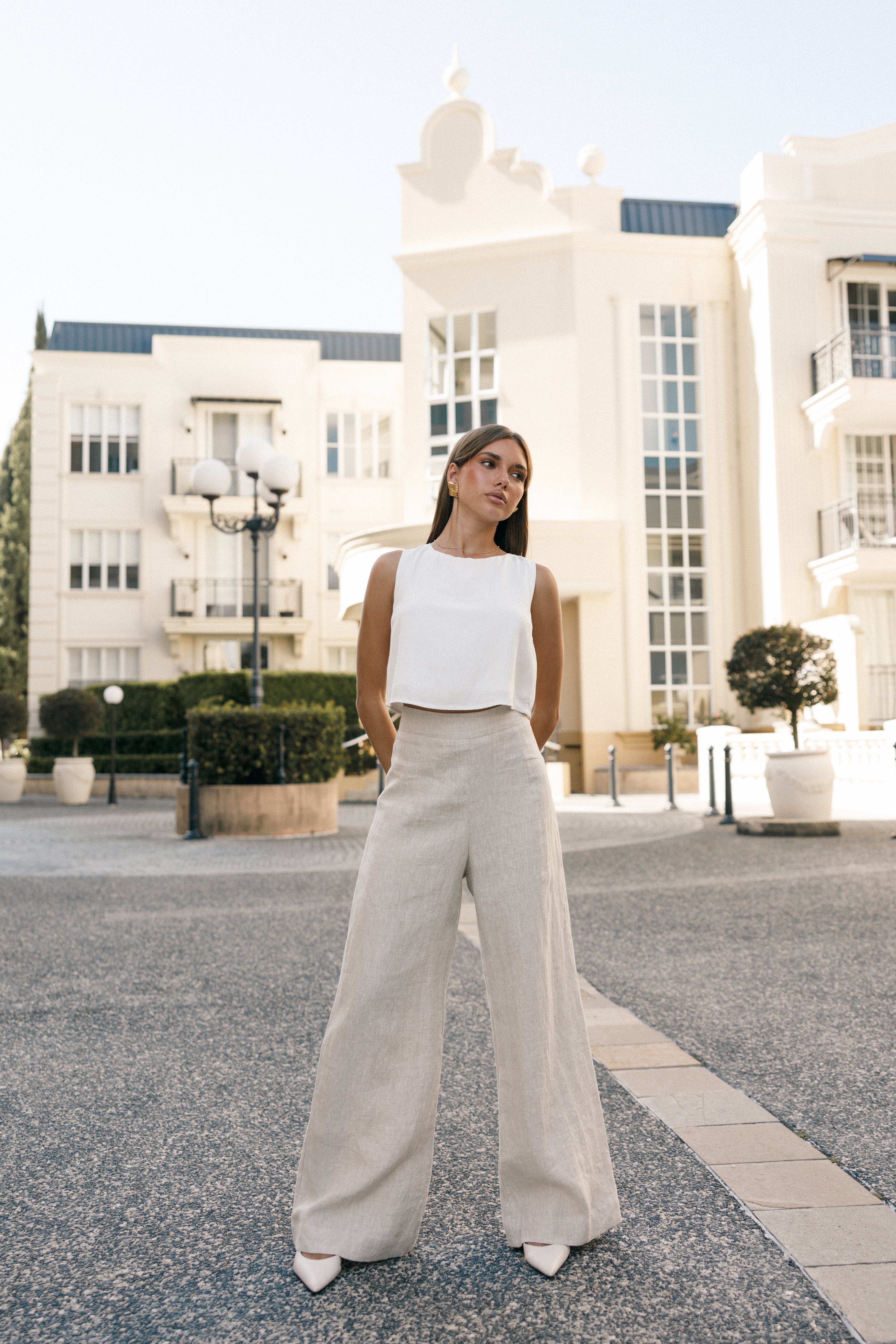 Women's White Cropped Sutton Top - Relaxed Fit with Button Back