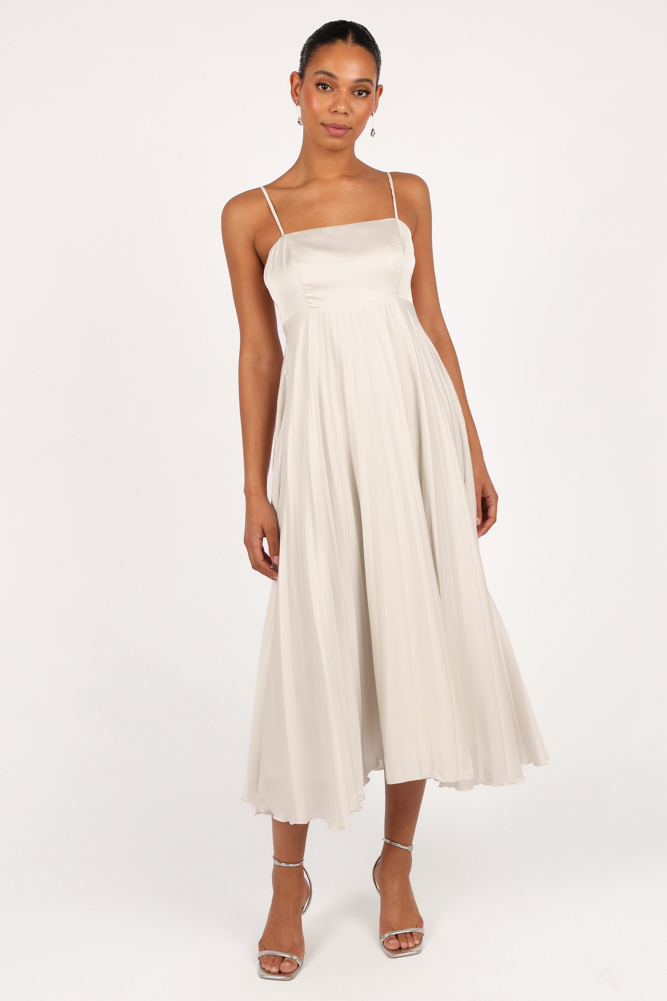 White Satin Keegan Maxi Dress with Pleated Skirt & Adjustable Straps